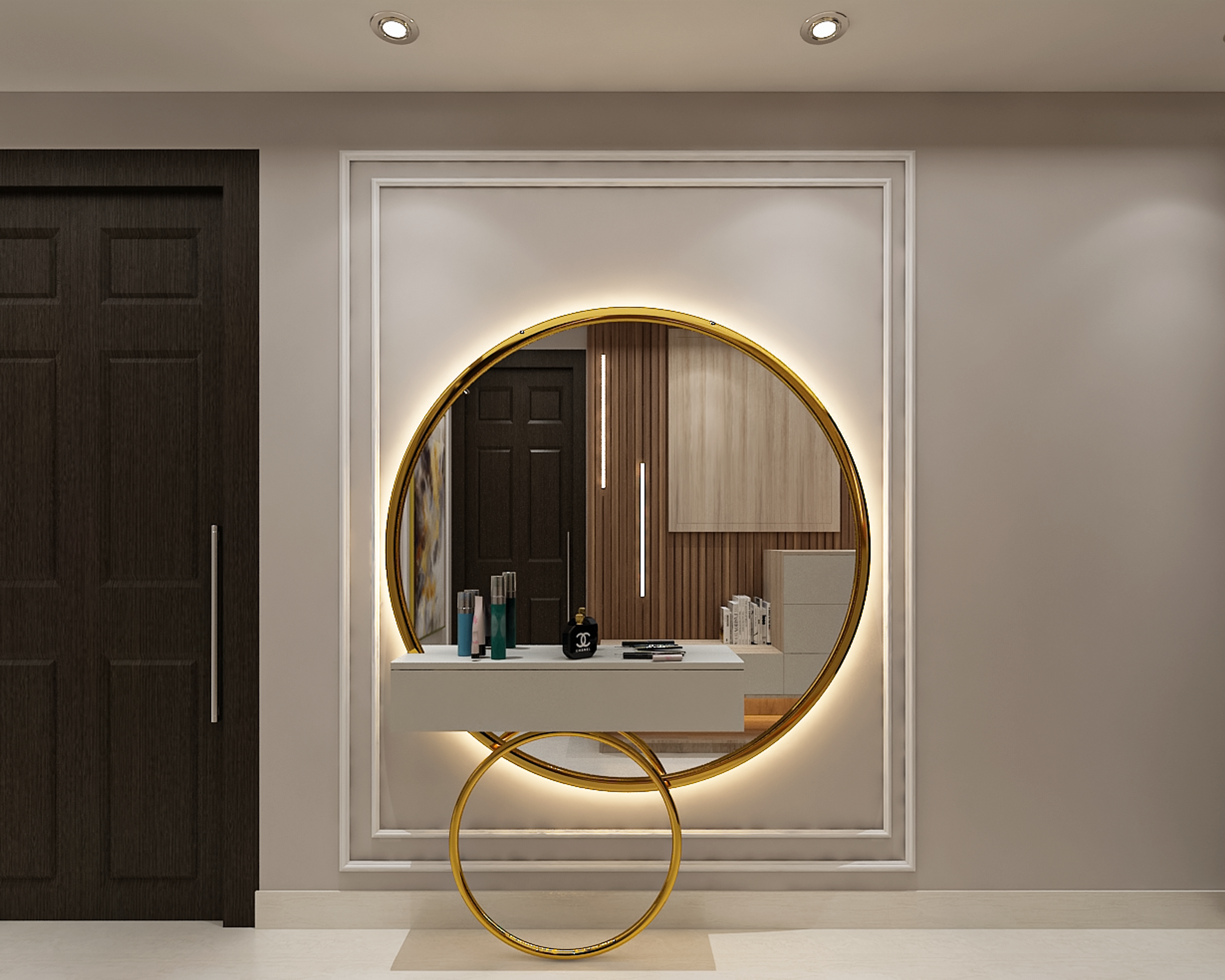 Modern Foyer Design With Large Round Golden Mirror
