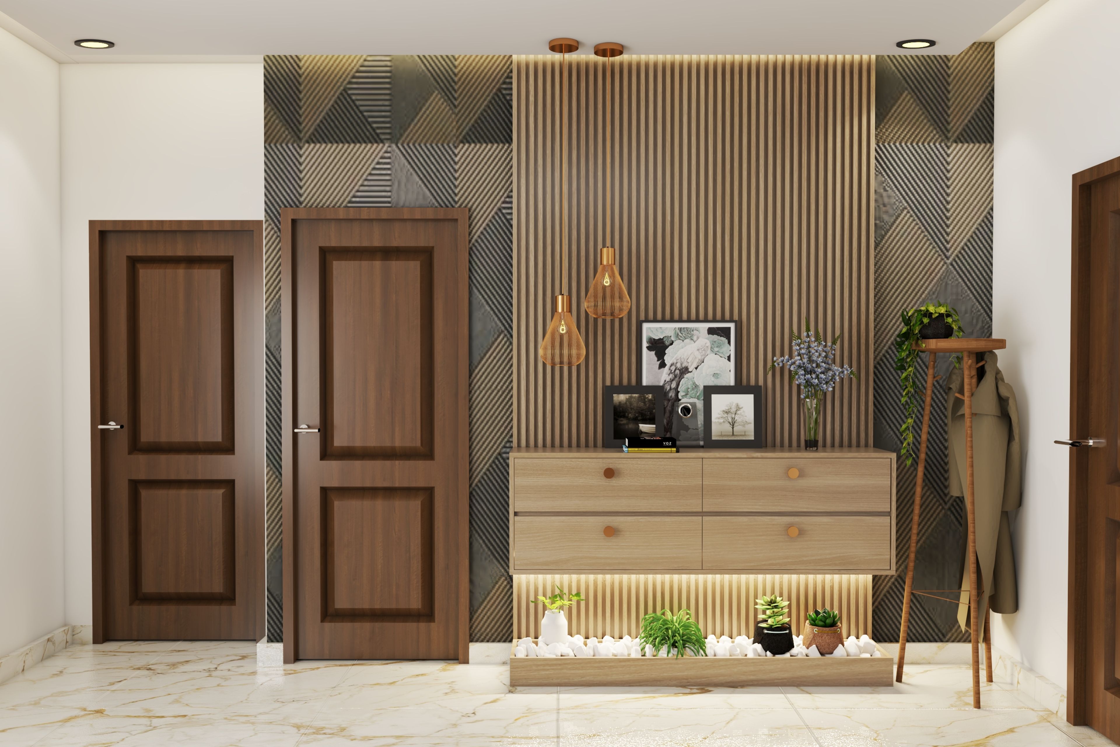 Spacious Contemporary Style Foyer Design With Wooden Panel