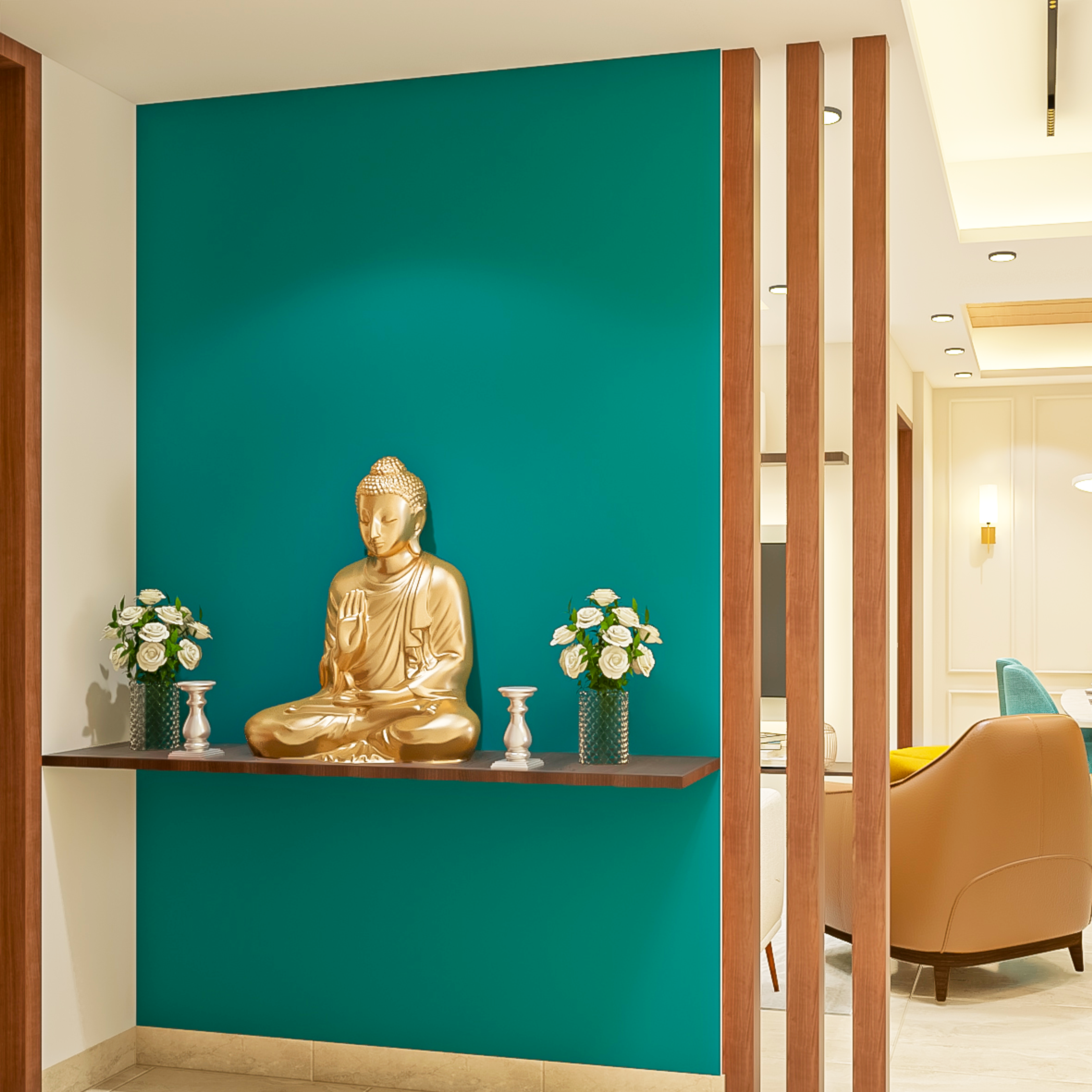 Modern Cyan Foyer Design With Buddha Statue