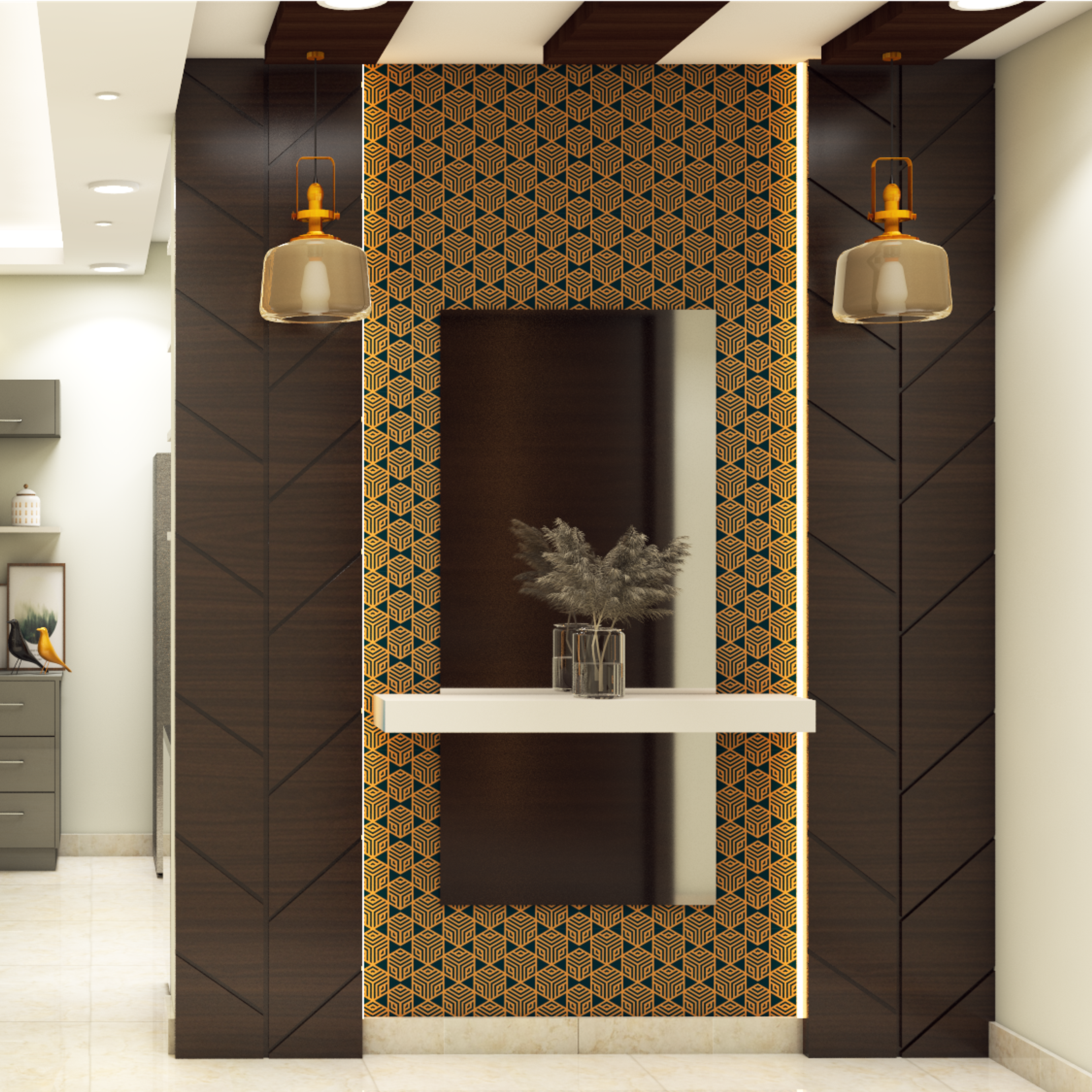 Modern Spacious Foyer With Central Mirror Design