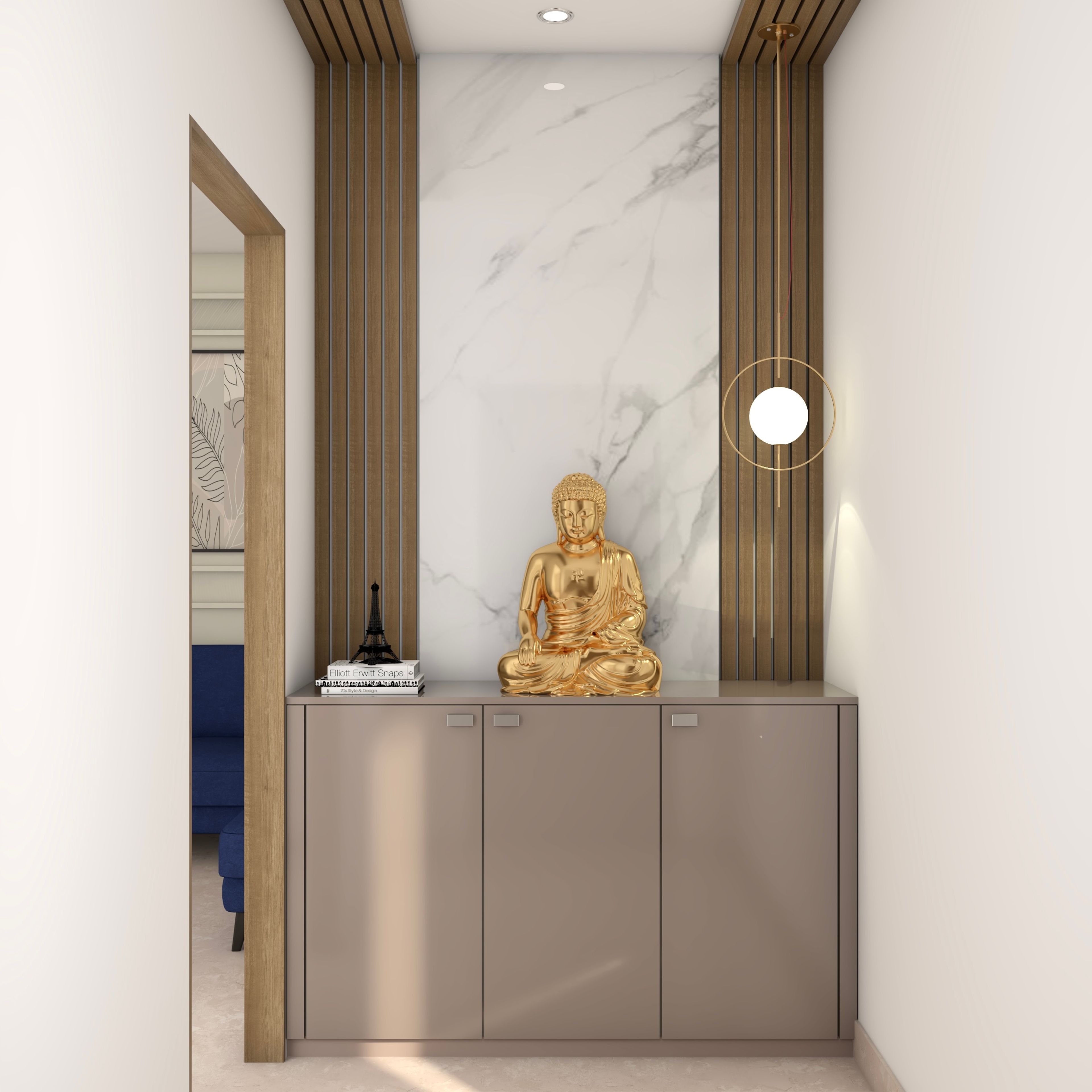 Compact Low-Maintenance Foyer Design With Grey Storage Unit