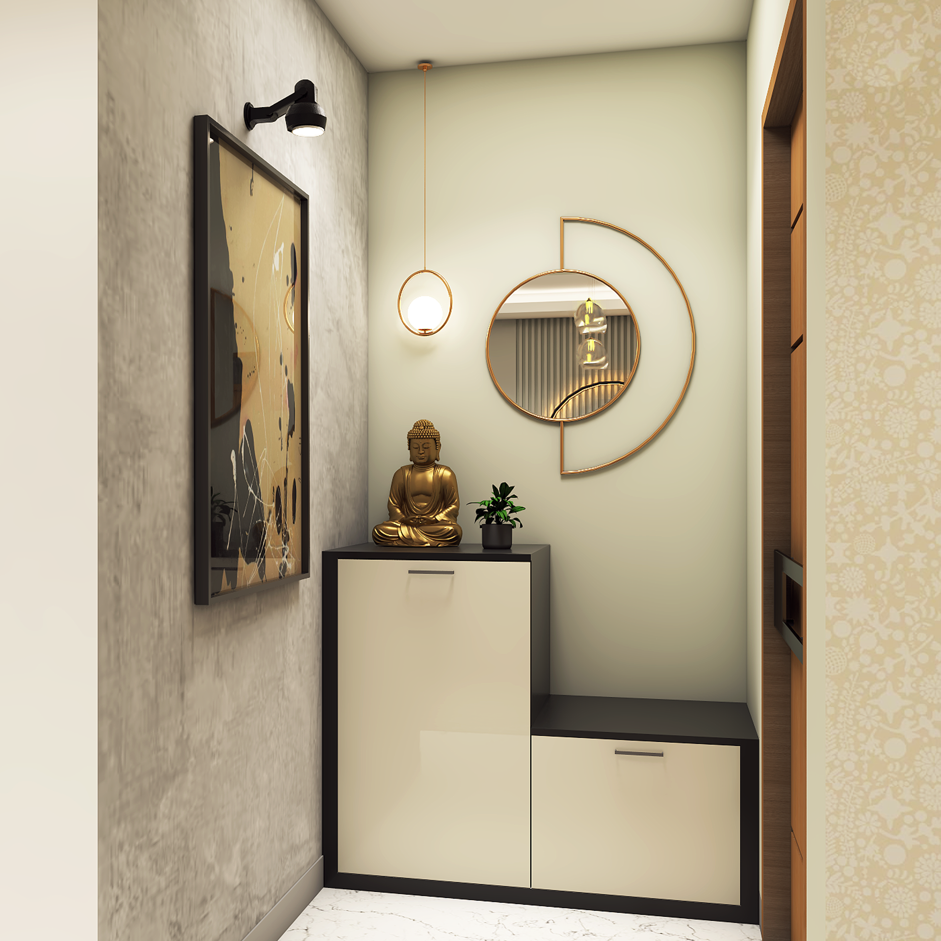 Modern Foyer Design With Buddha Statue And Hanging Pendant Light