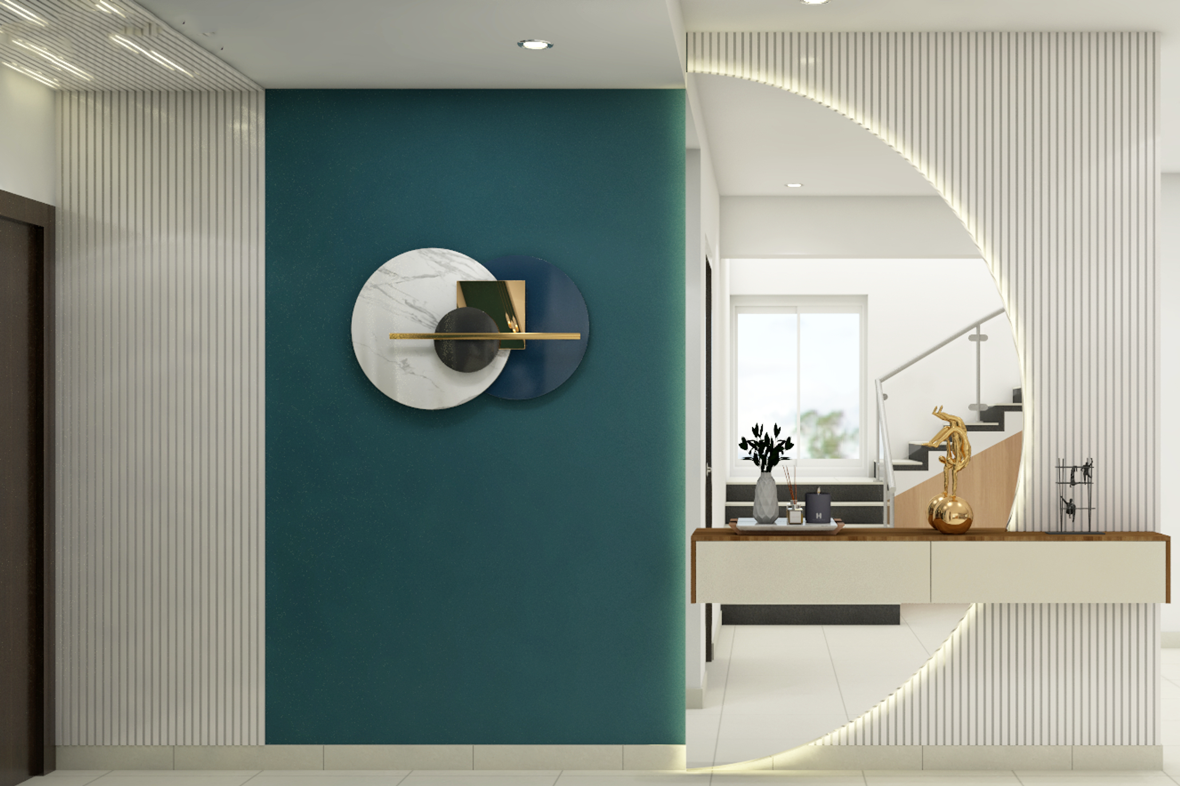 Contemporary Foyer Design With Backlit Mirror