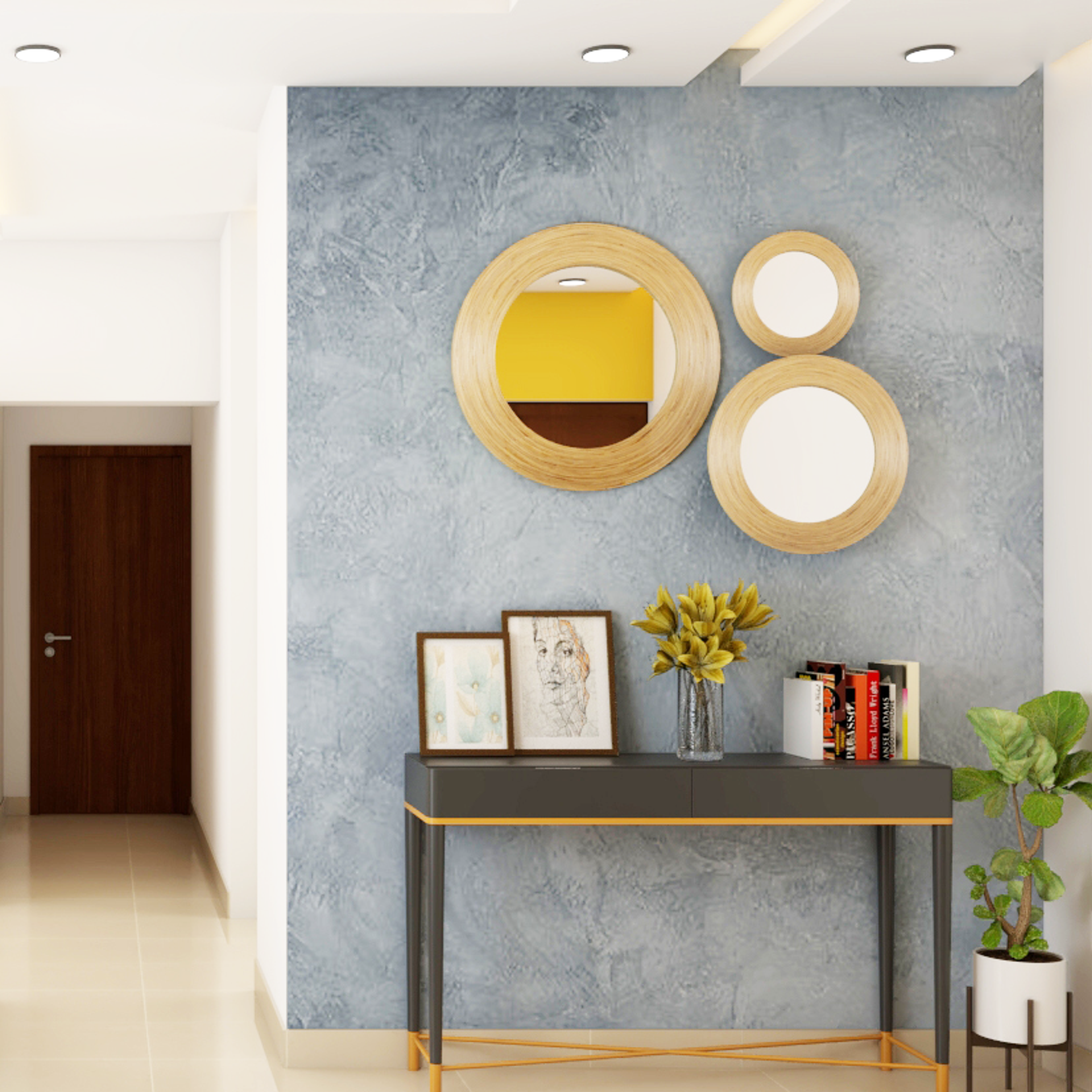 Blue Textured Wall Foyer Design With Golden Mirrors