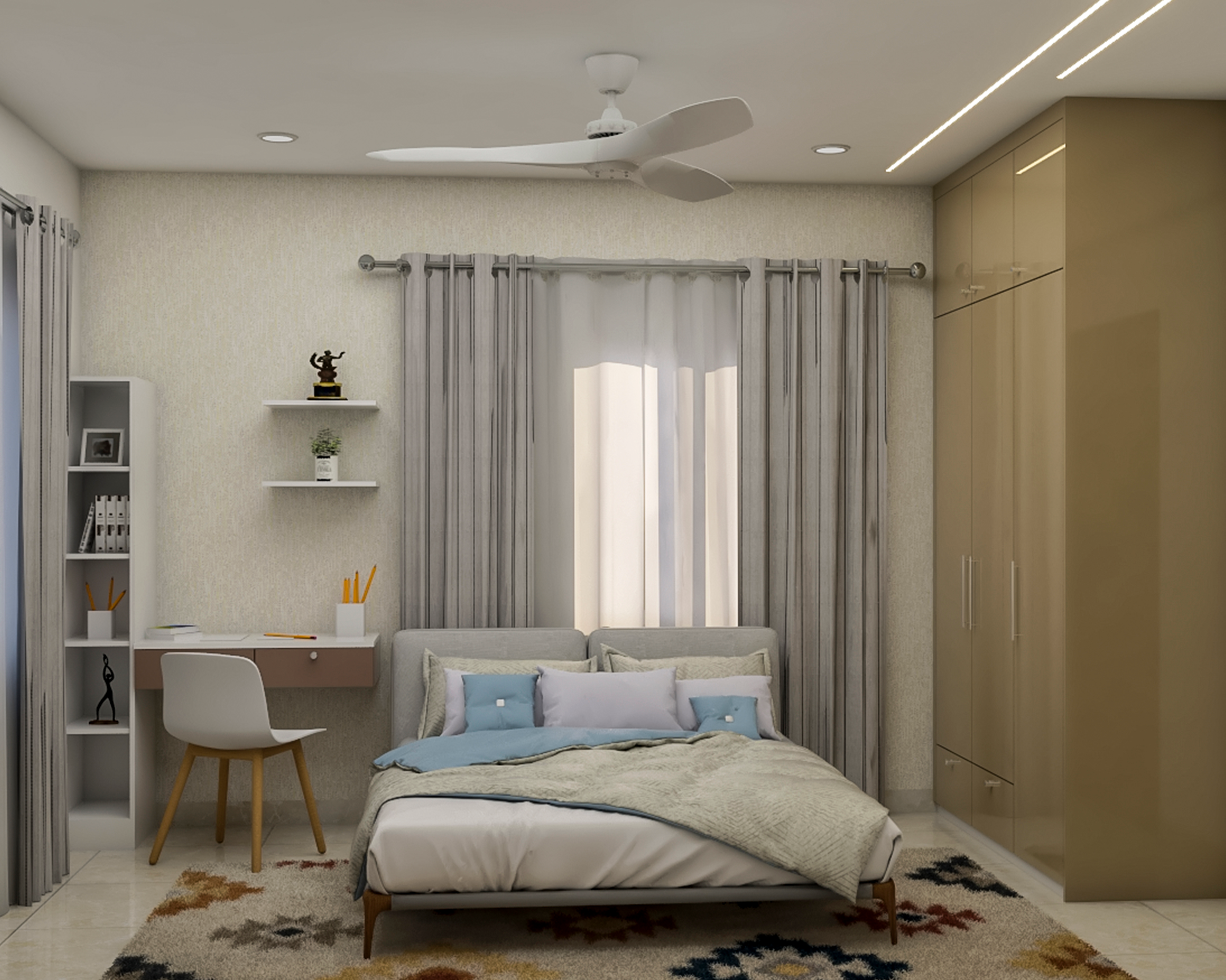 Spacious Guest Bedroom Design With Brown Wardrobe