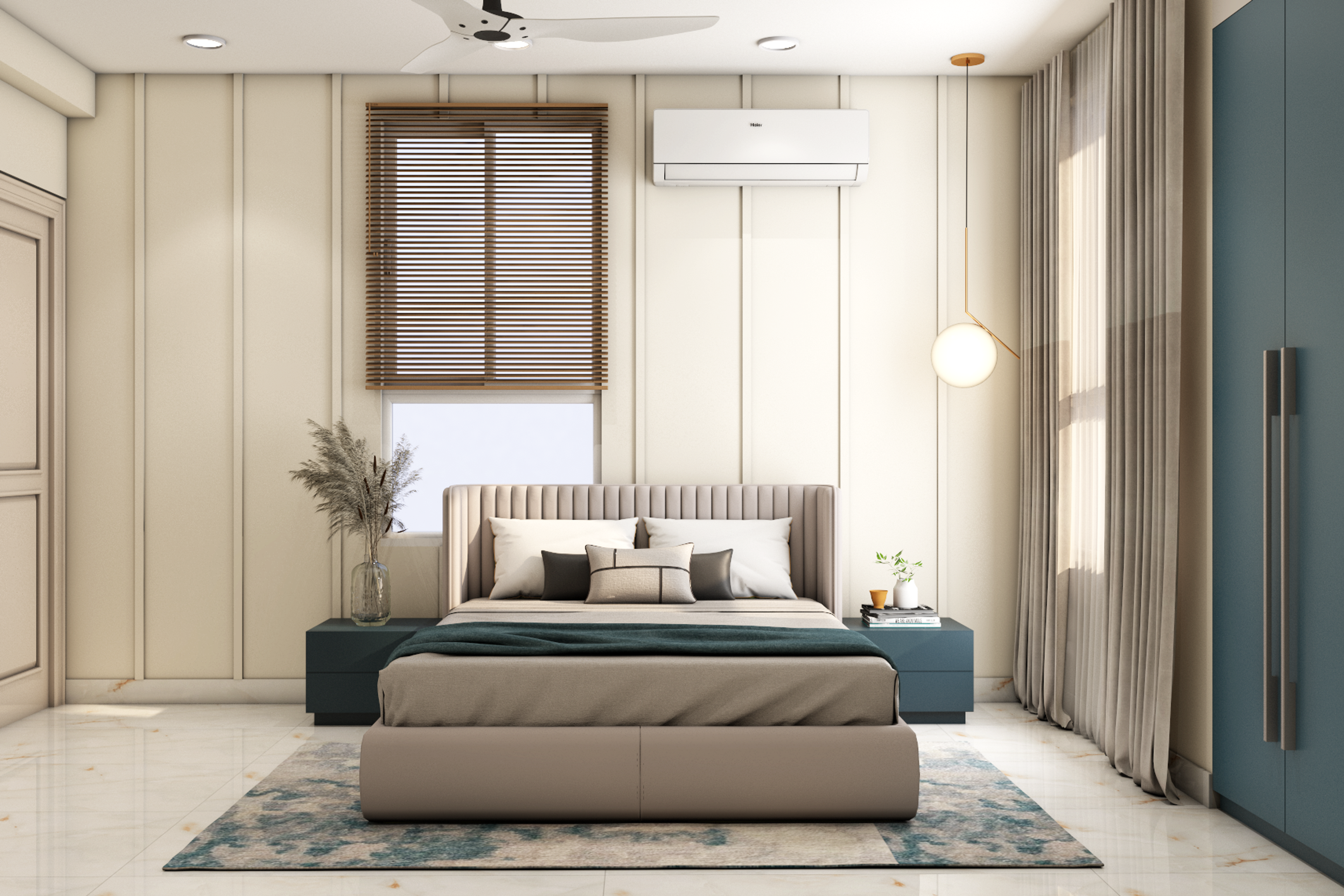 Spacious Off-White And Teal Guest Bedroom Design