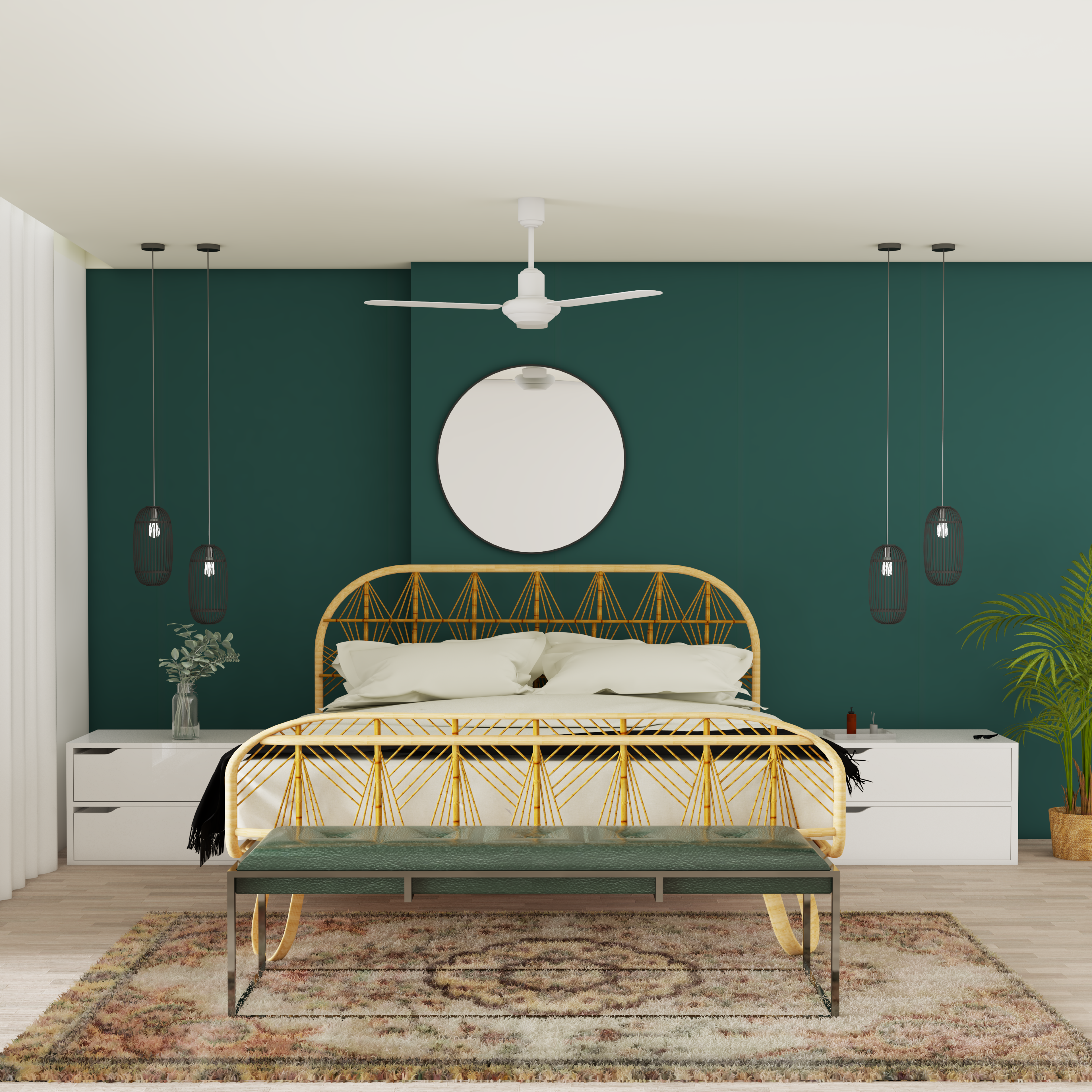 Bohemian Guest Bedroom Design With Curved Frame And Dark Green Walls
