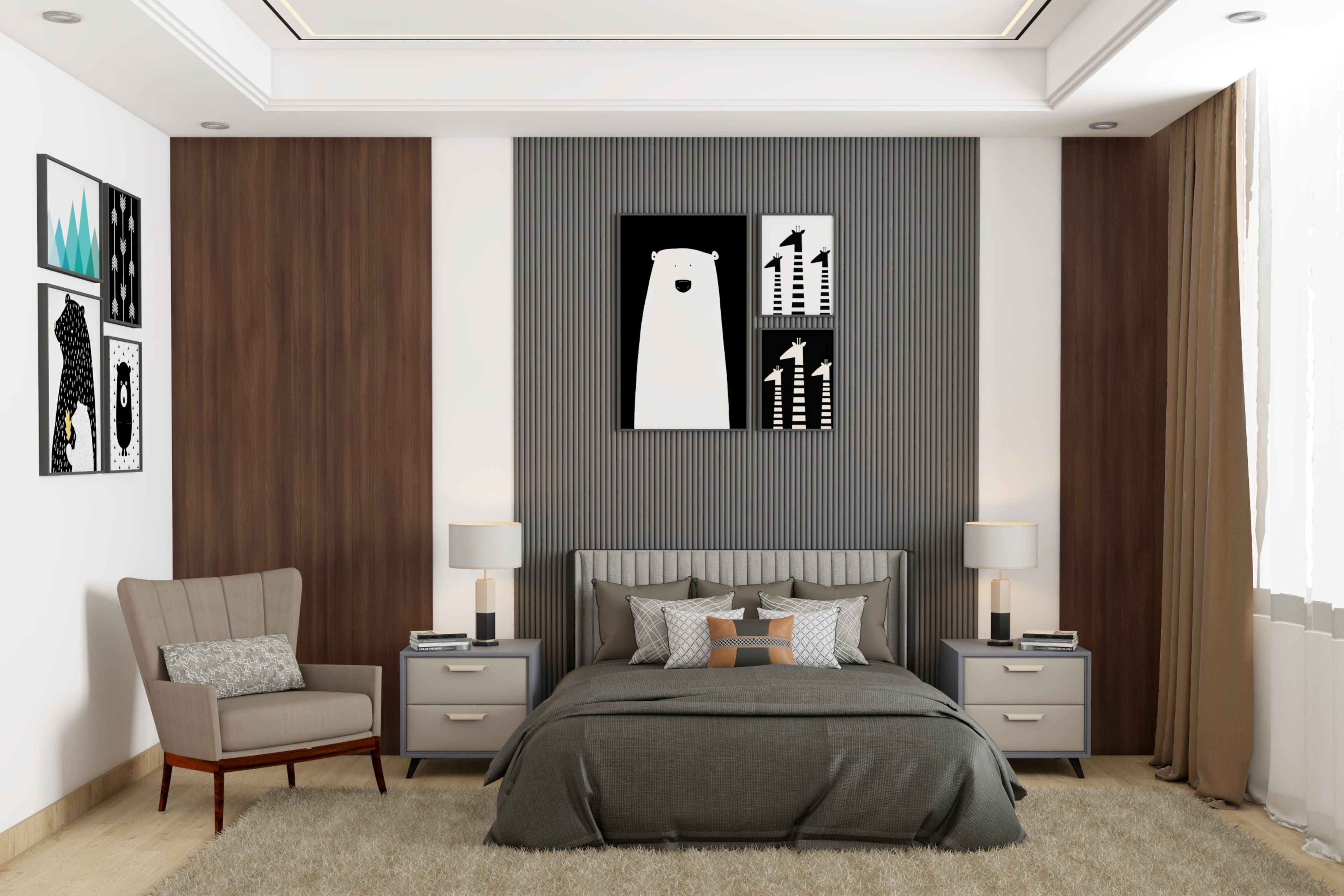 Contemporary Grey Master Bedroom Design With Large Rug