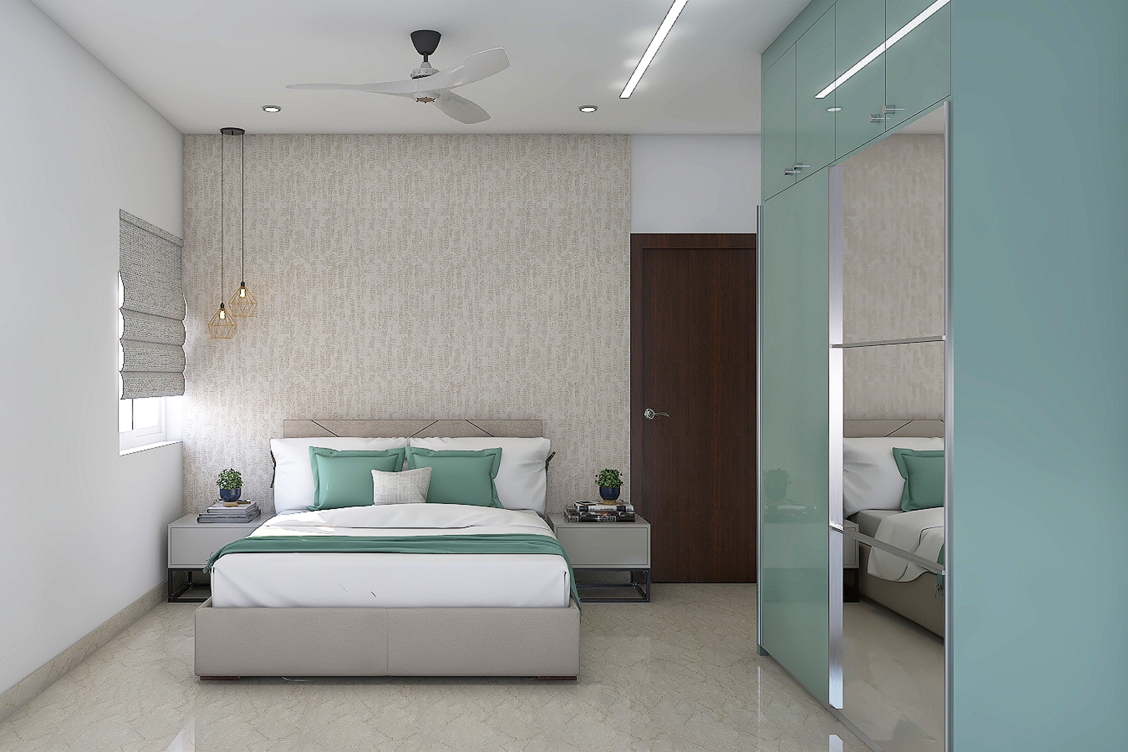 Pale Grey Guest Bedroom Design With Wardrobe And Bedside Unit