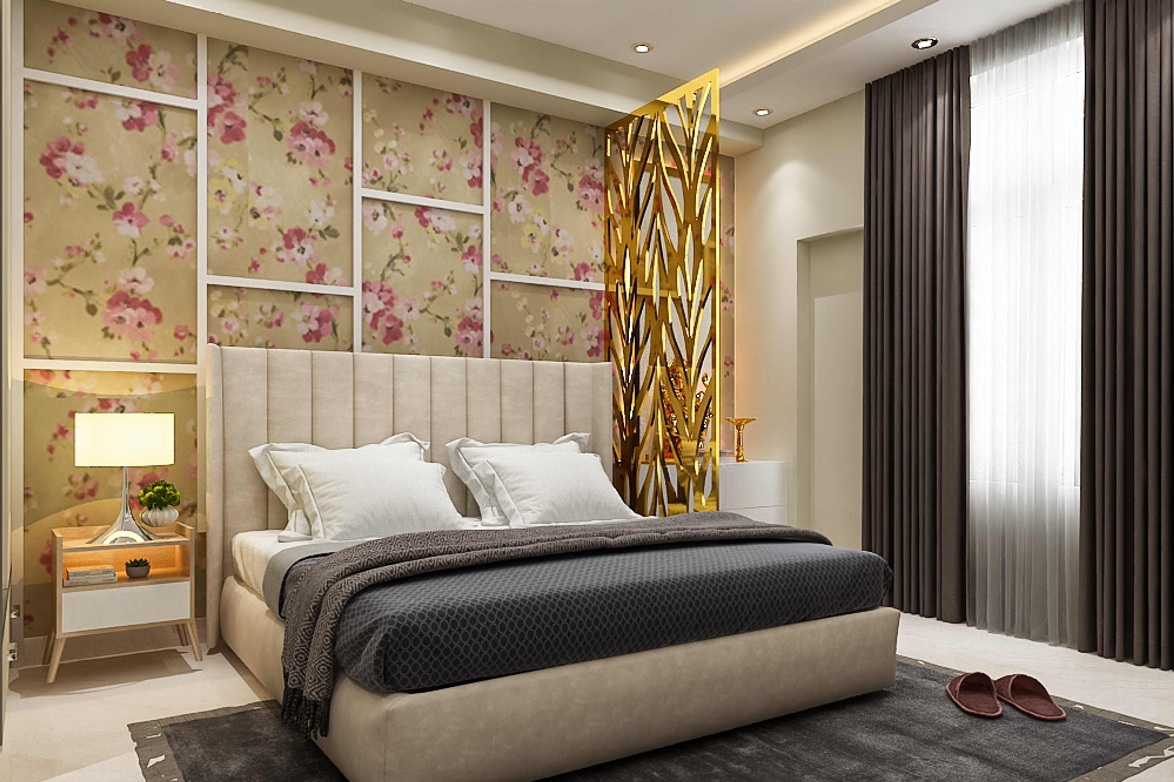 Modern Guest Bedroom Design With Pooja Unit And Floral Wallpaper