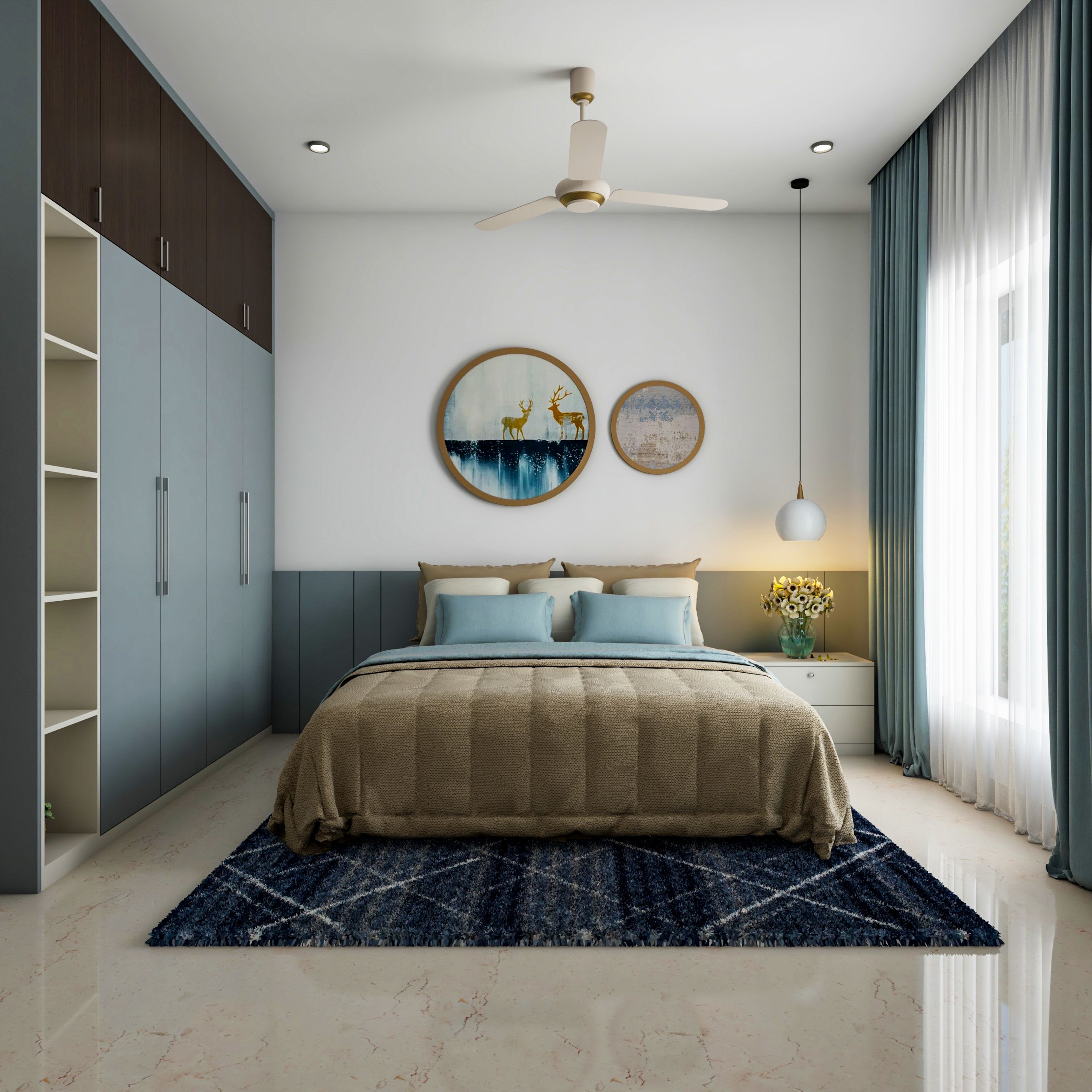 Pastel Themed Guest Bedroom Design With Blue And Brown Shades