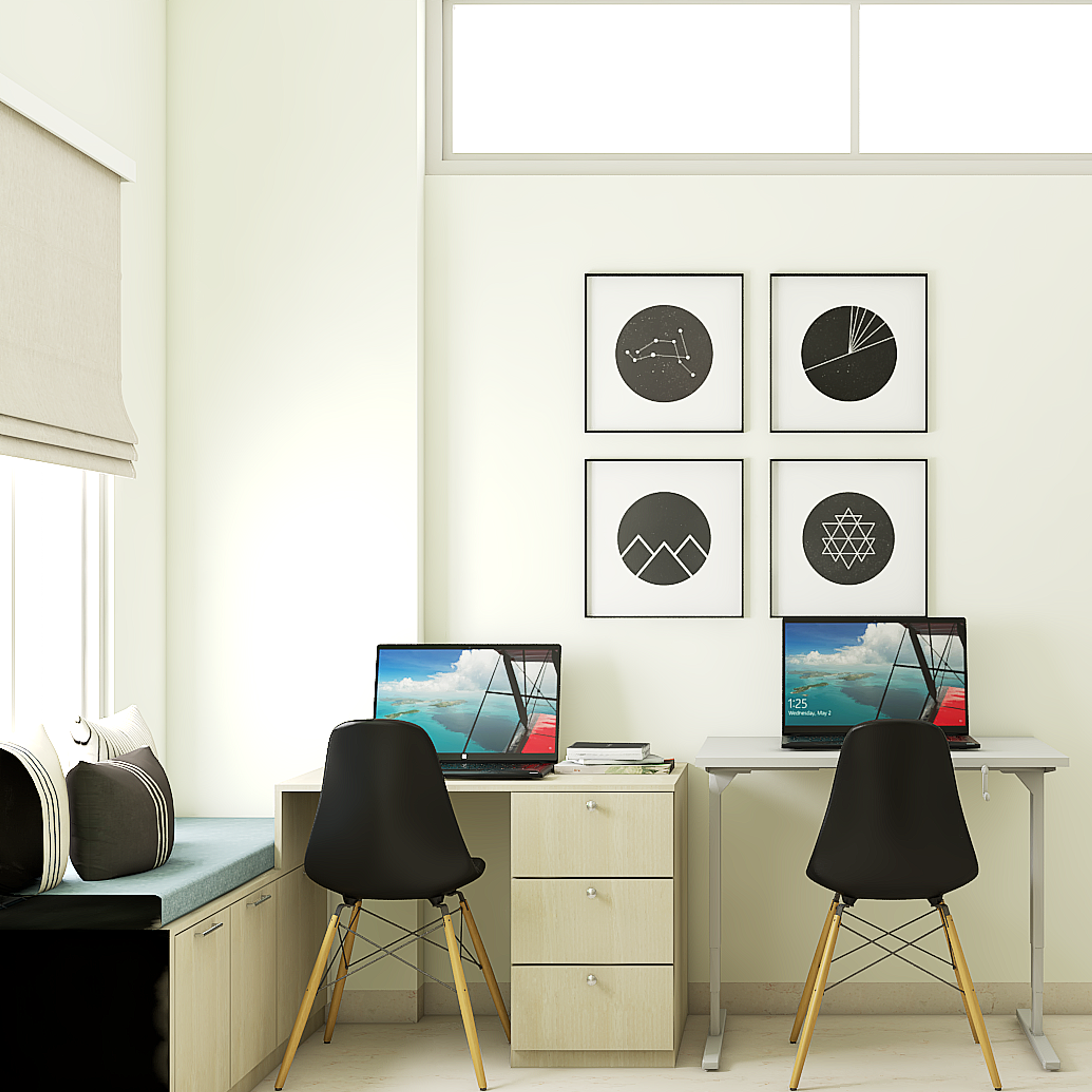 Spacious White Home Office Design With Storage Unit