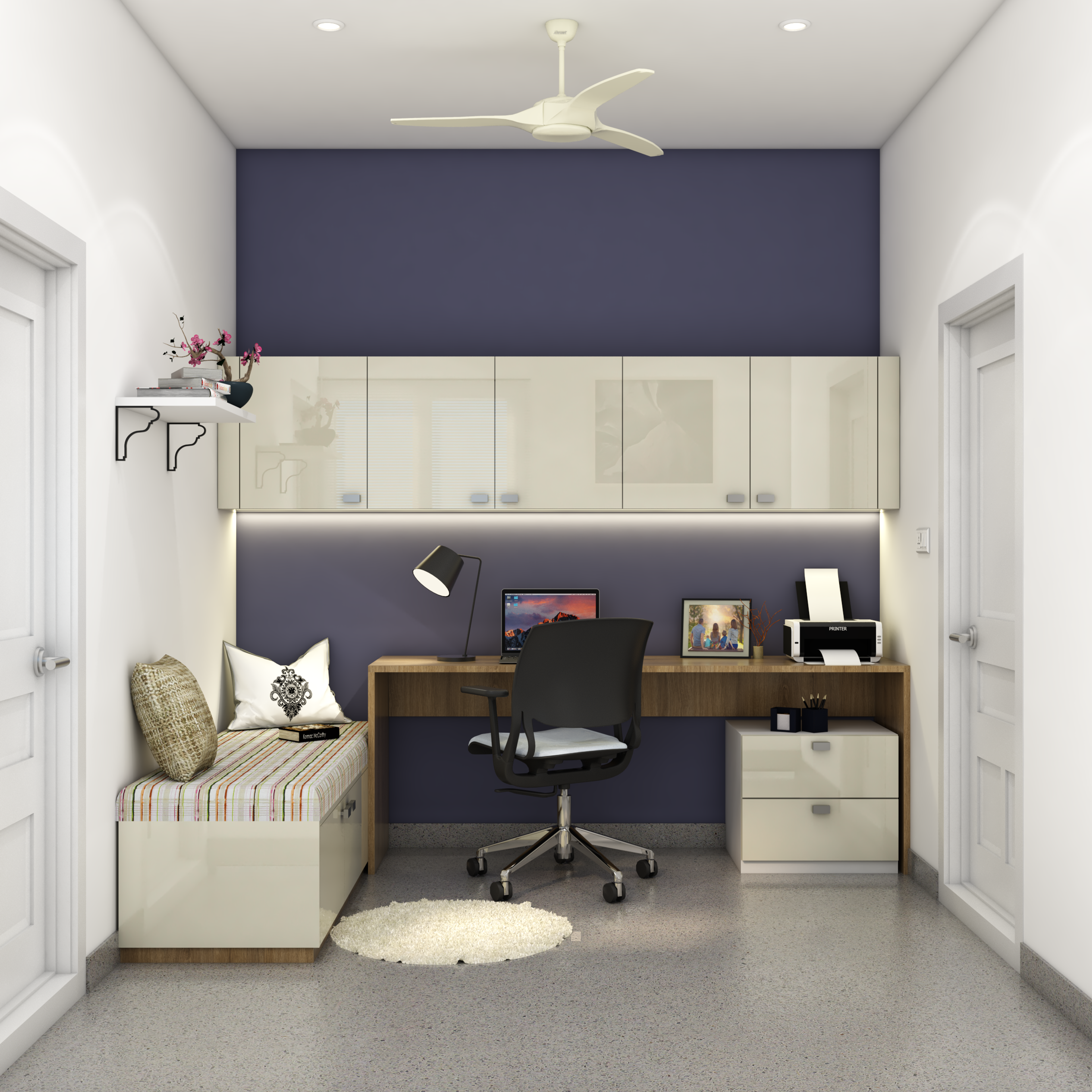 Modern Home Office Design With Blue Accent Wall And Overhead Storage