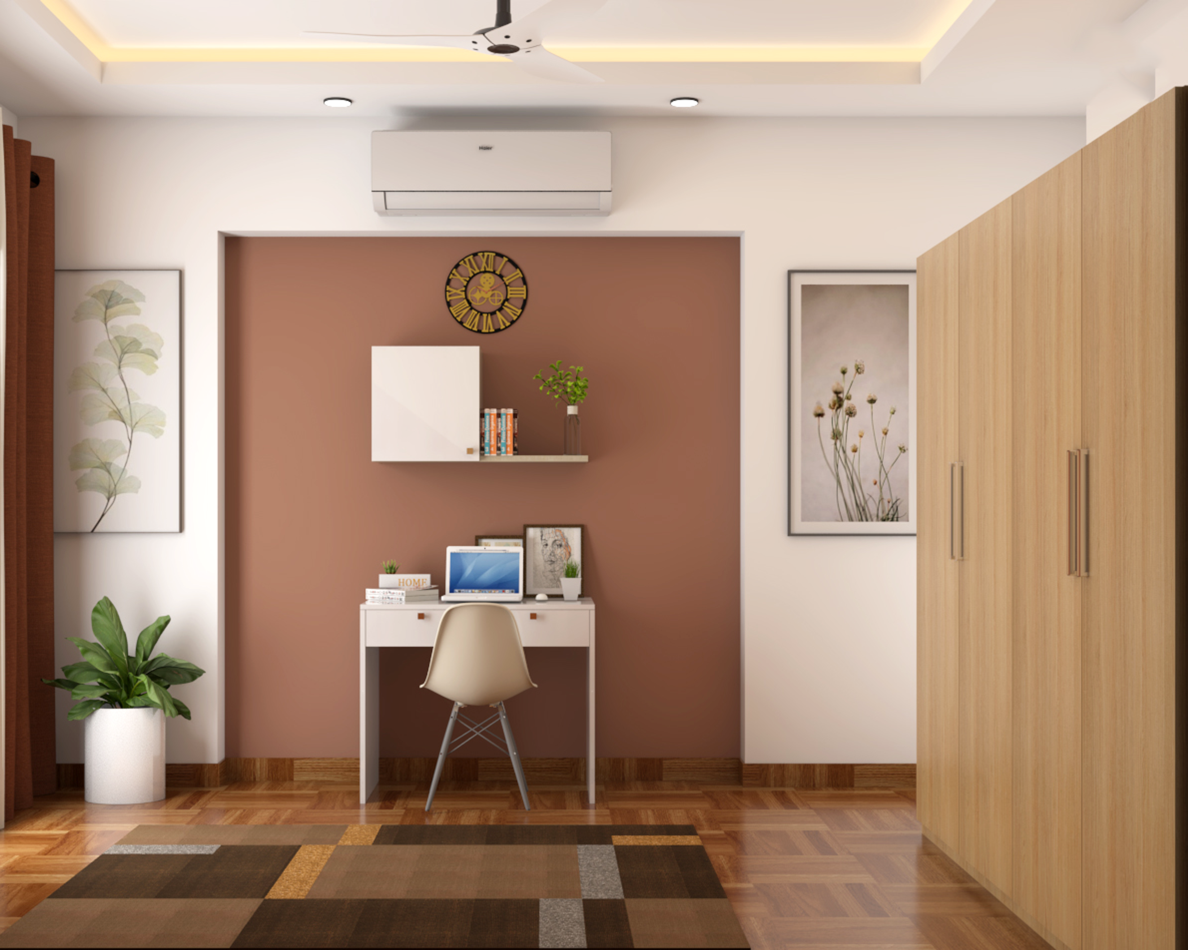 Spacious White And Beige Study Room Design With Storage Wardrobe