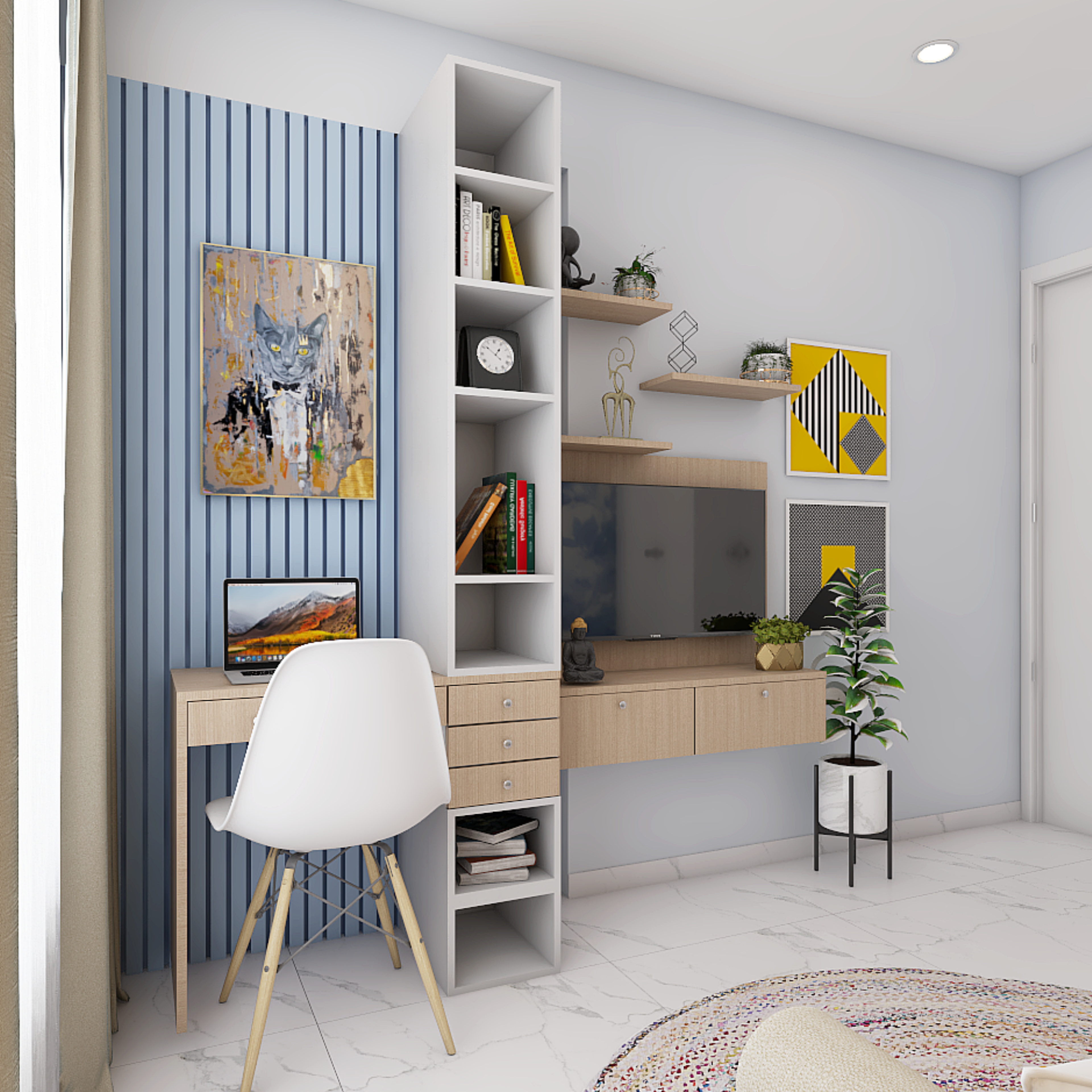 Home Office Design With Blue Wooden Panels