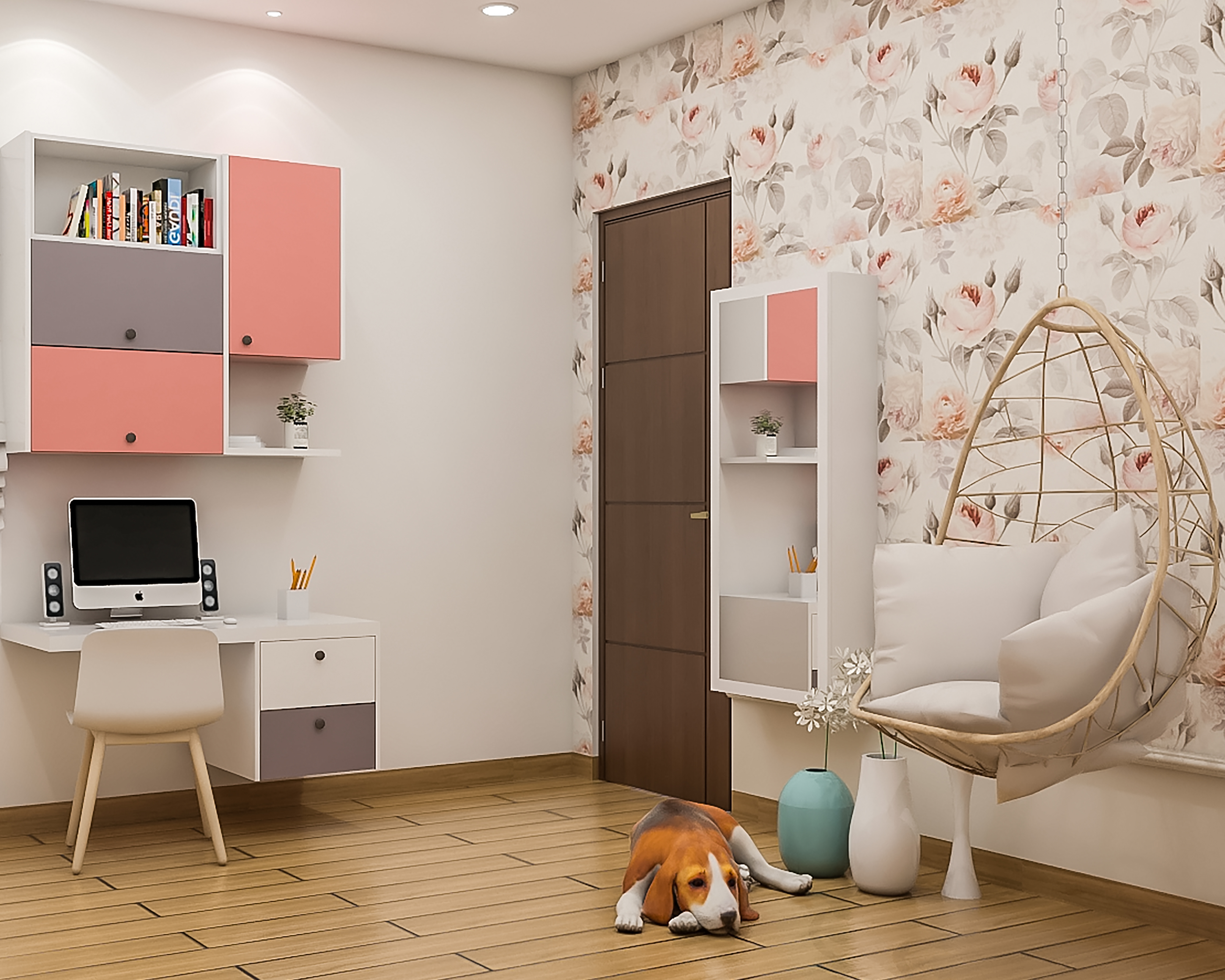 Contemporary Pink Home Office Design With Wall Mounted Desk