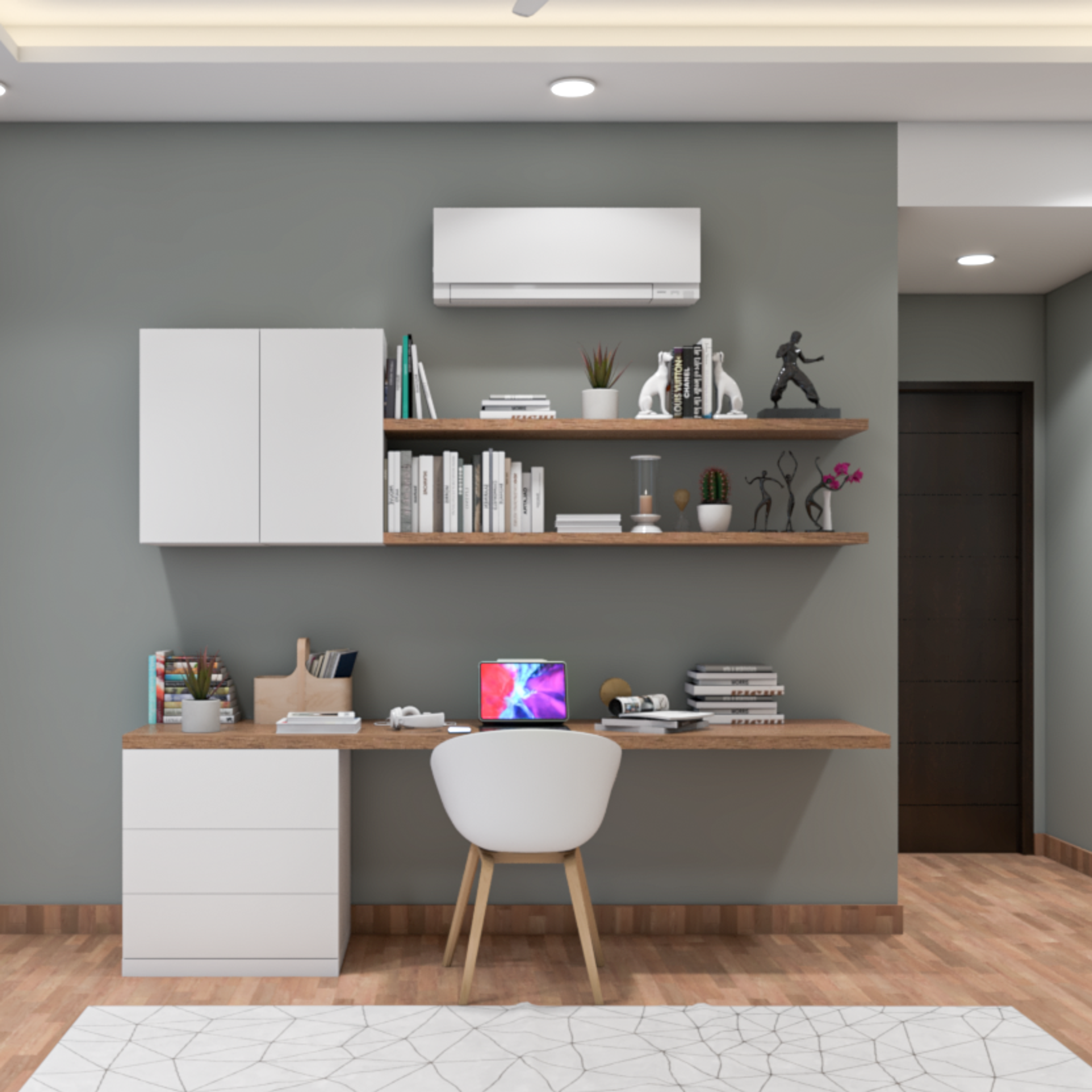 Modern Spacious Home Office Design With Wooden Shelf