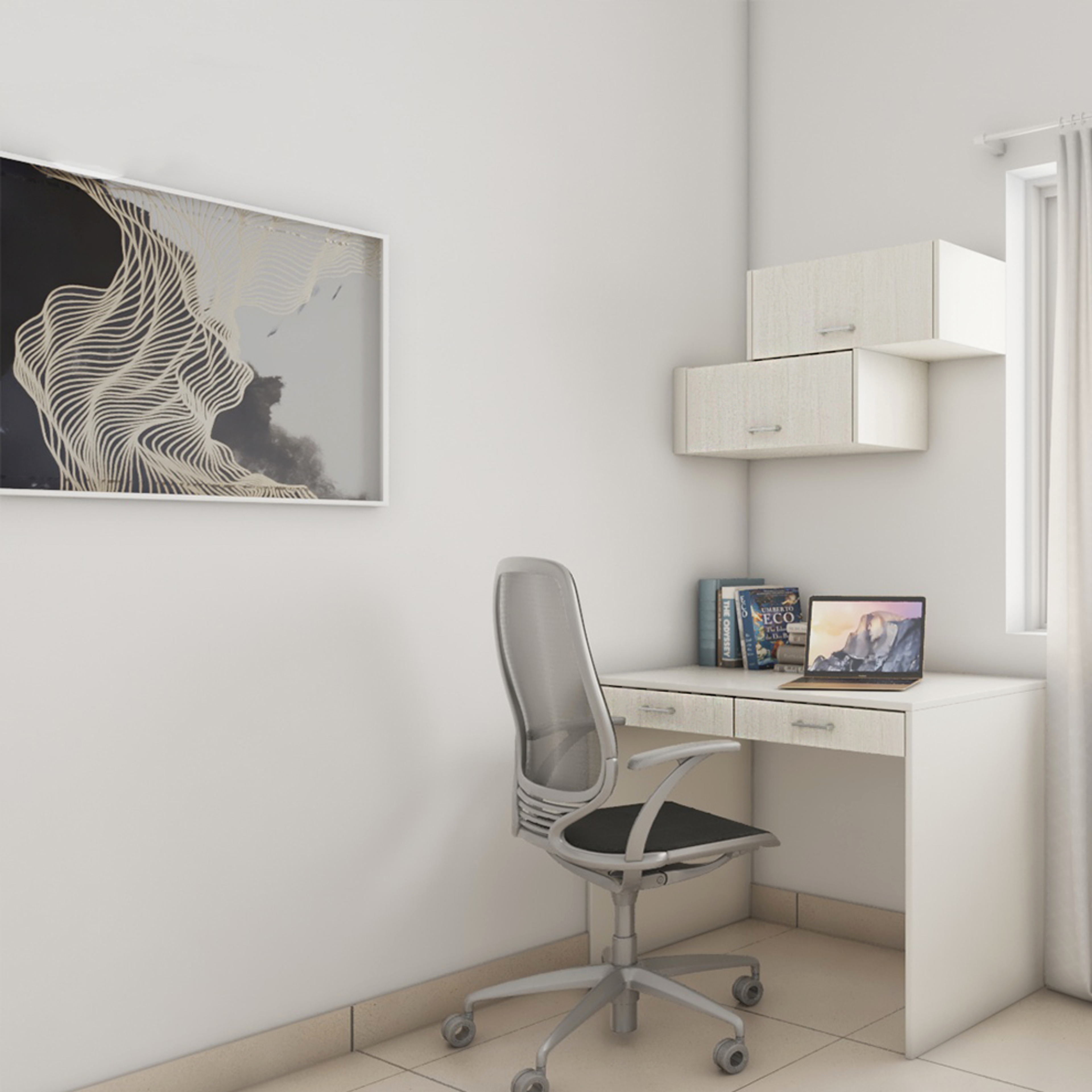 White Home Office Design With Wall Mounted Storage