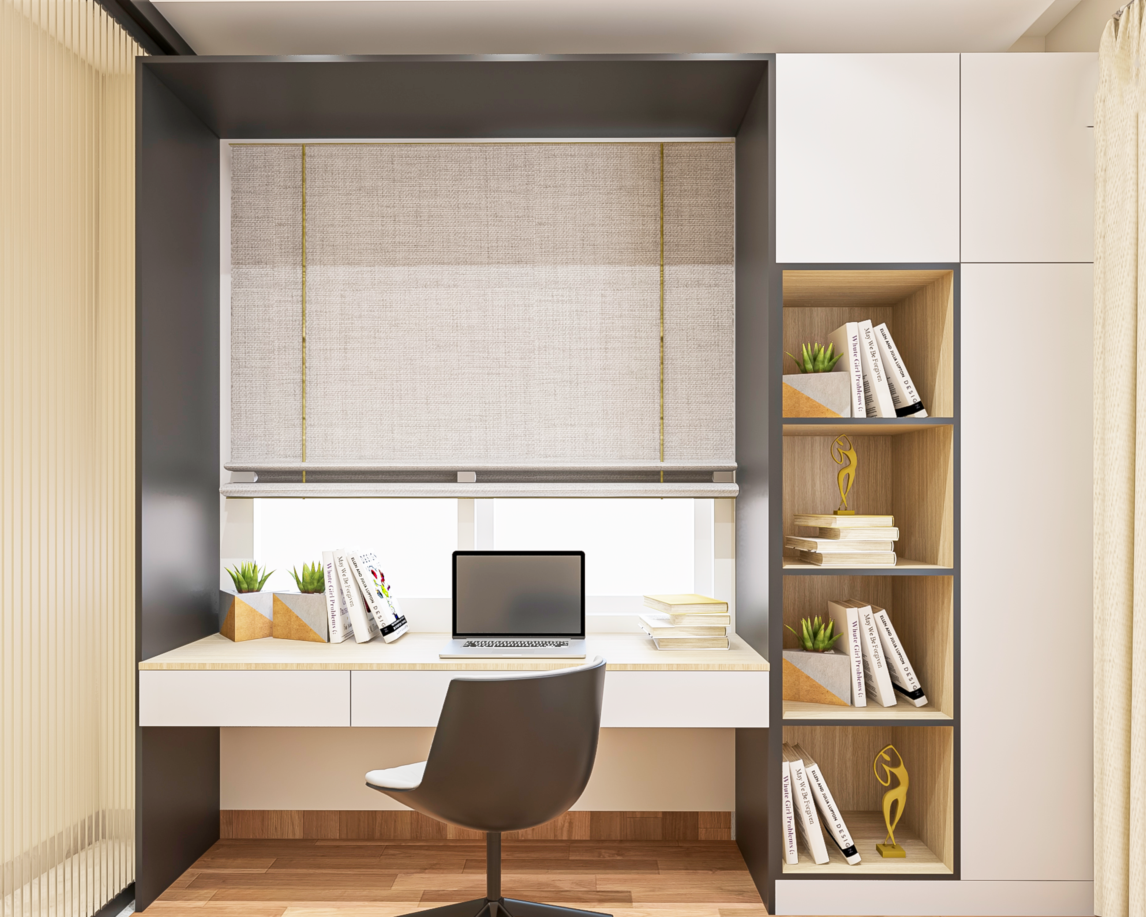 Modern Spacious Home Office Design With Open Shelves