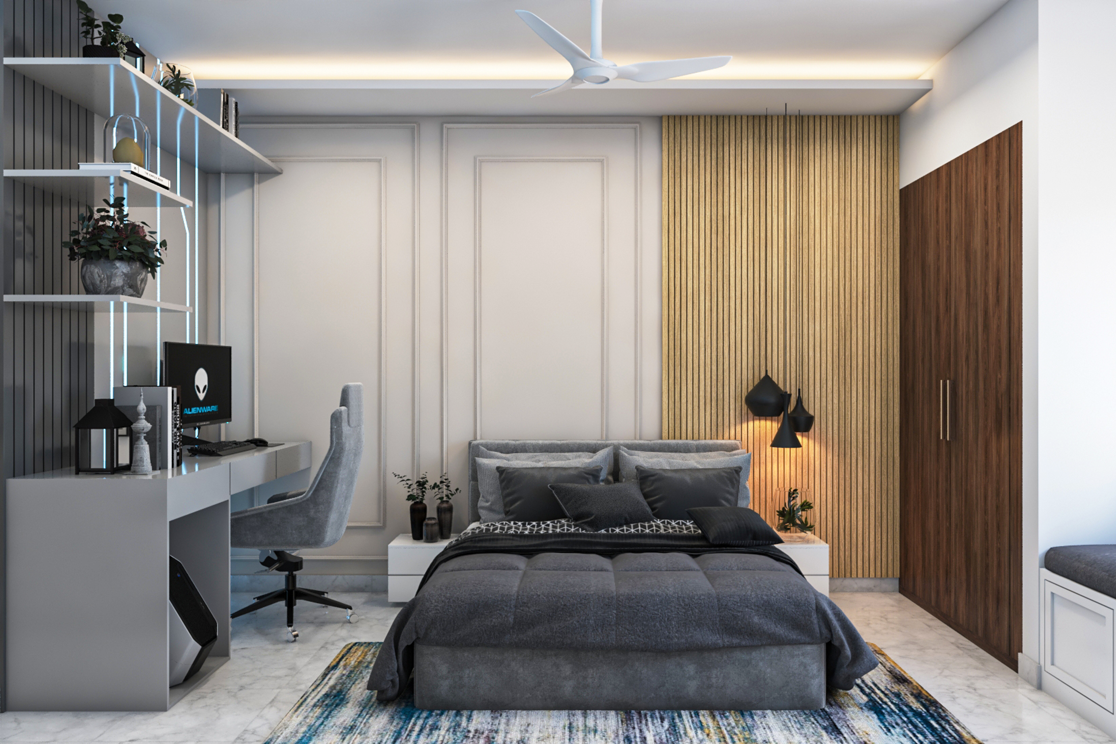 Grey Kids Bedroom Design With Wooden Panels