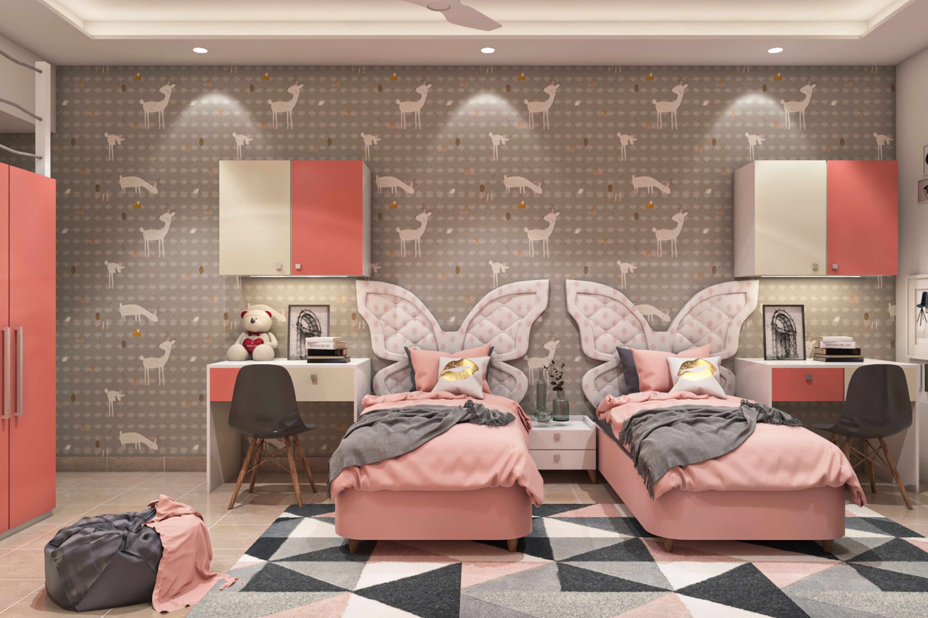 Pink Kid's Room Design With Twin Beds