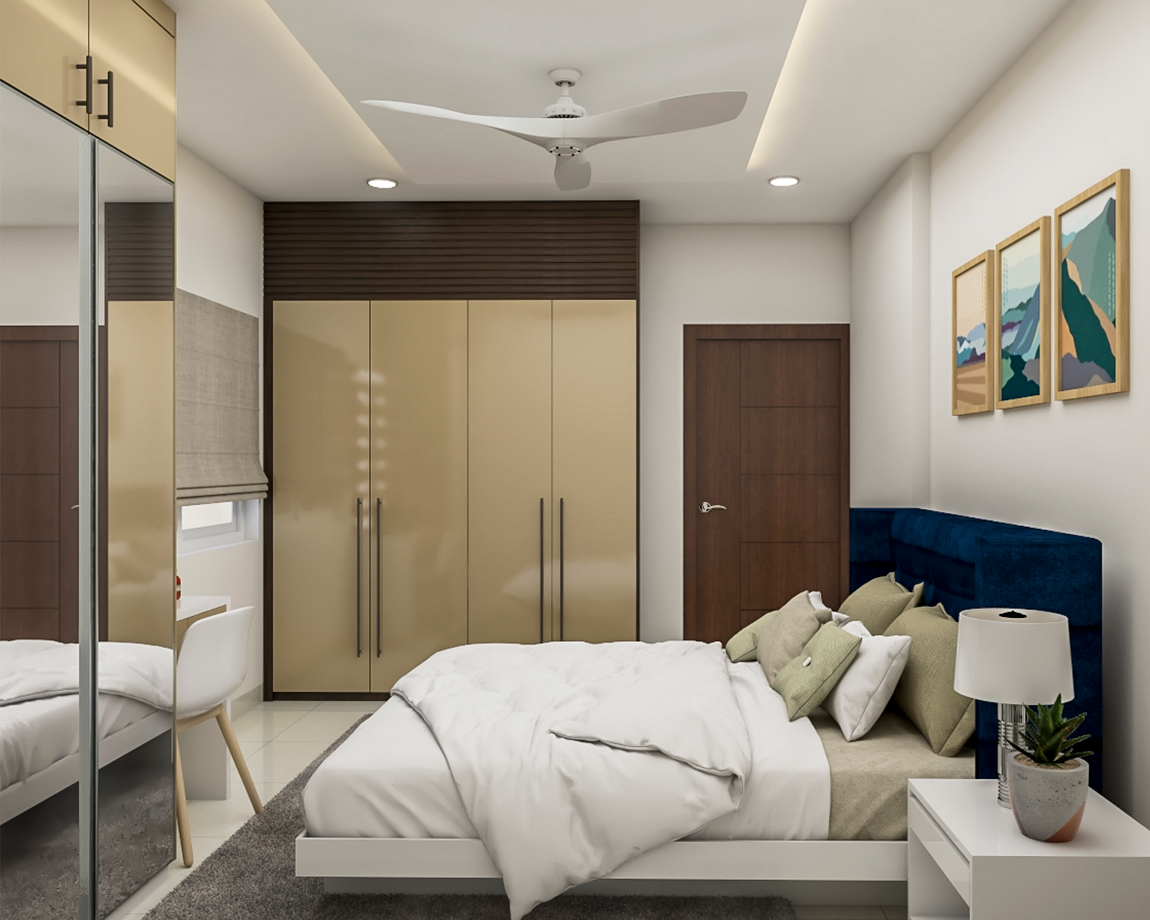 Modern Themed Kid's Bedroom Design With Glossy Beige Wardrobe