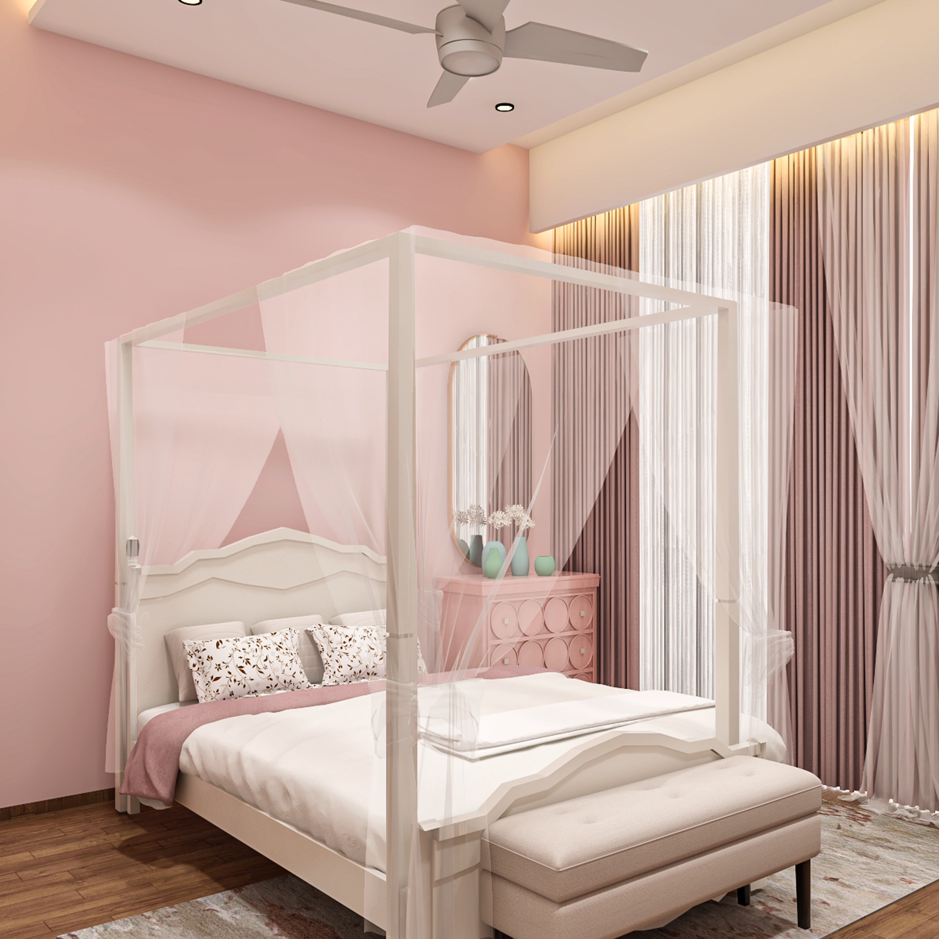 Pink-Themed Kid's Bedroom Design With Canopy Bed