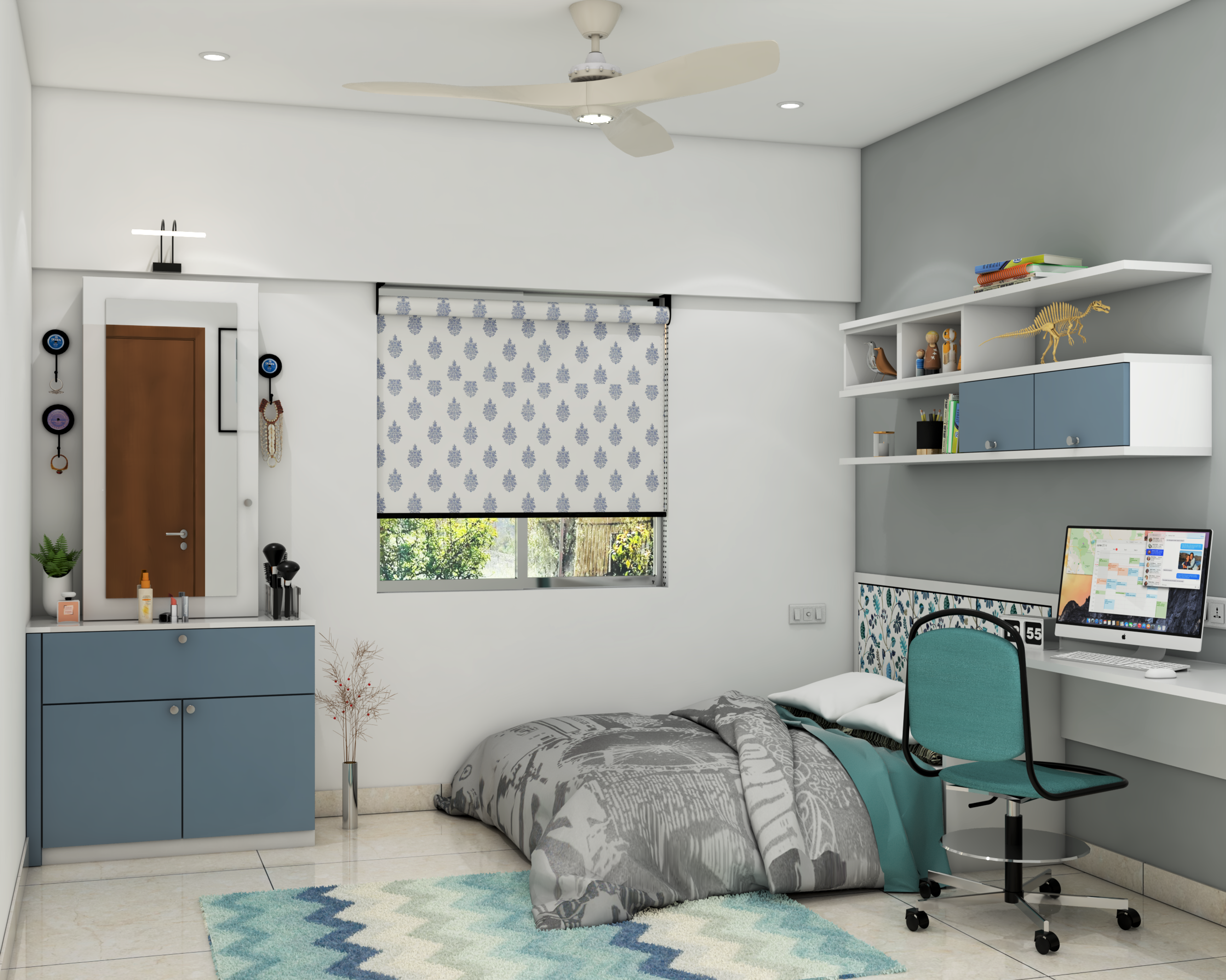 Grey White And Blue Modern Kids Bedroom Design
