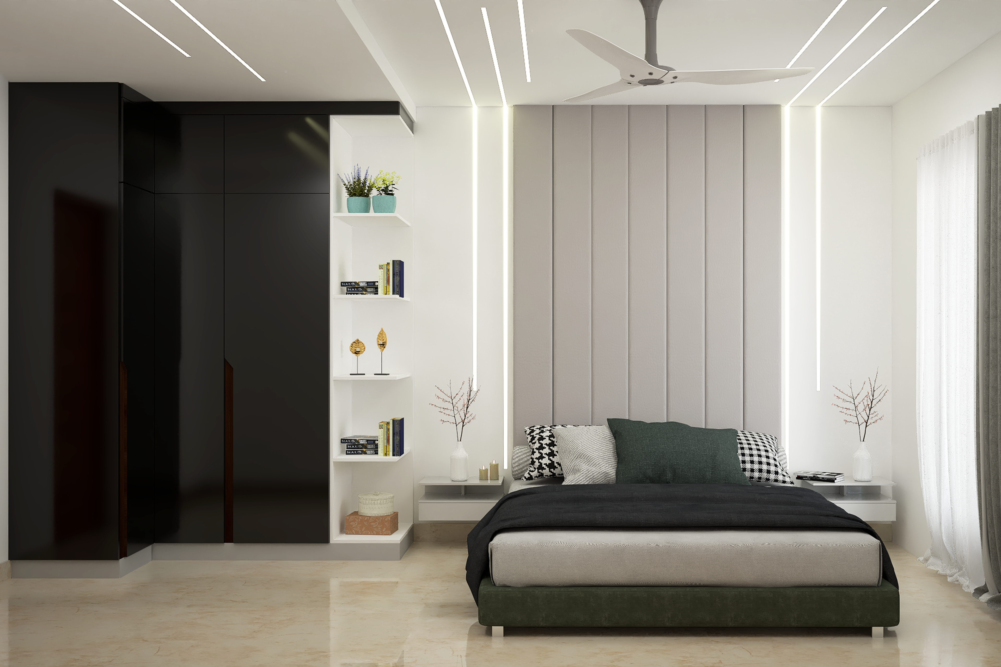 Modern Style Spacious Kid's Bedroom Design With Black Wardrobe