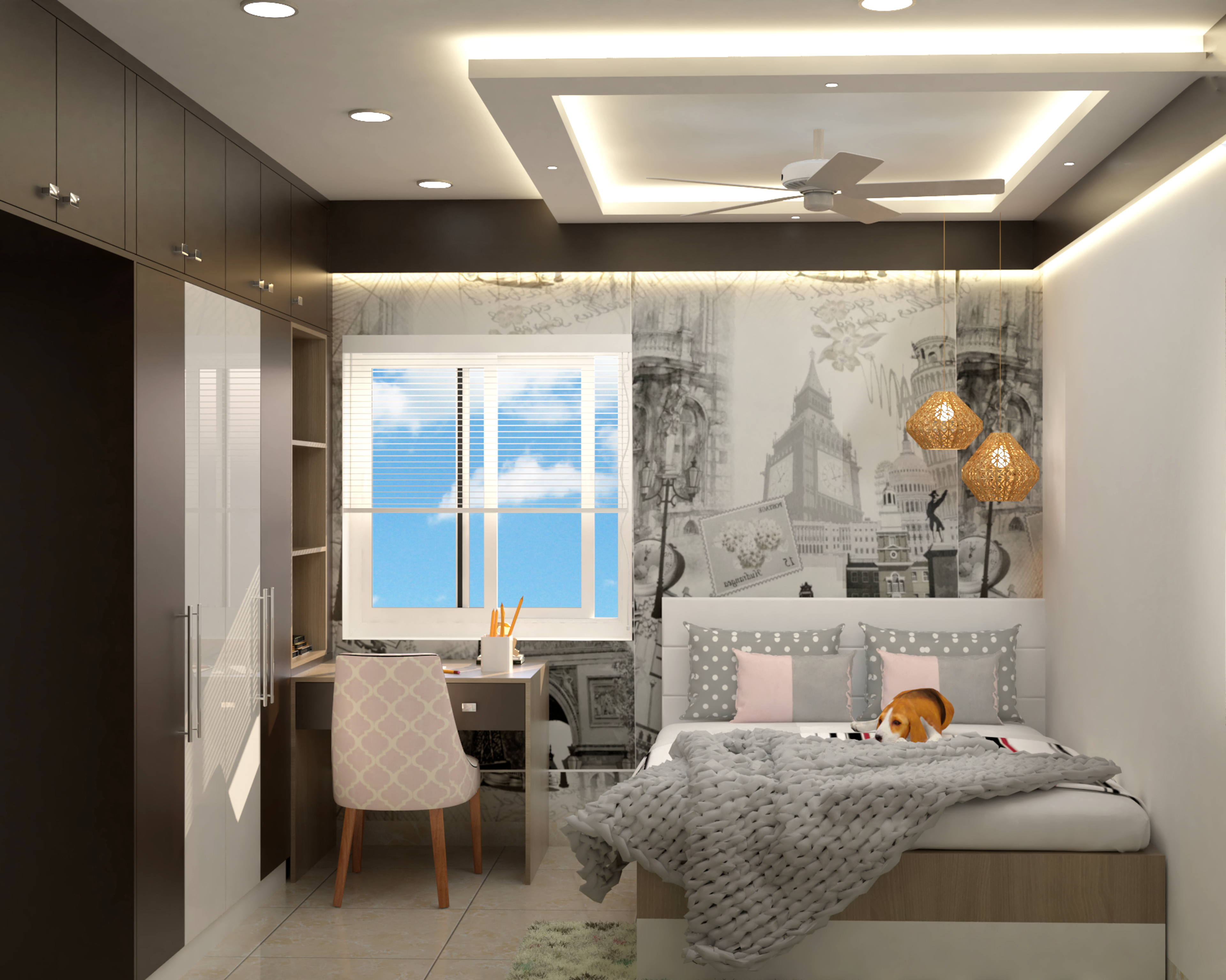 Modern Theme Spacious Kid's Bedroom Design With Study Table