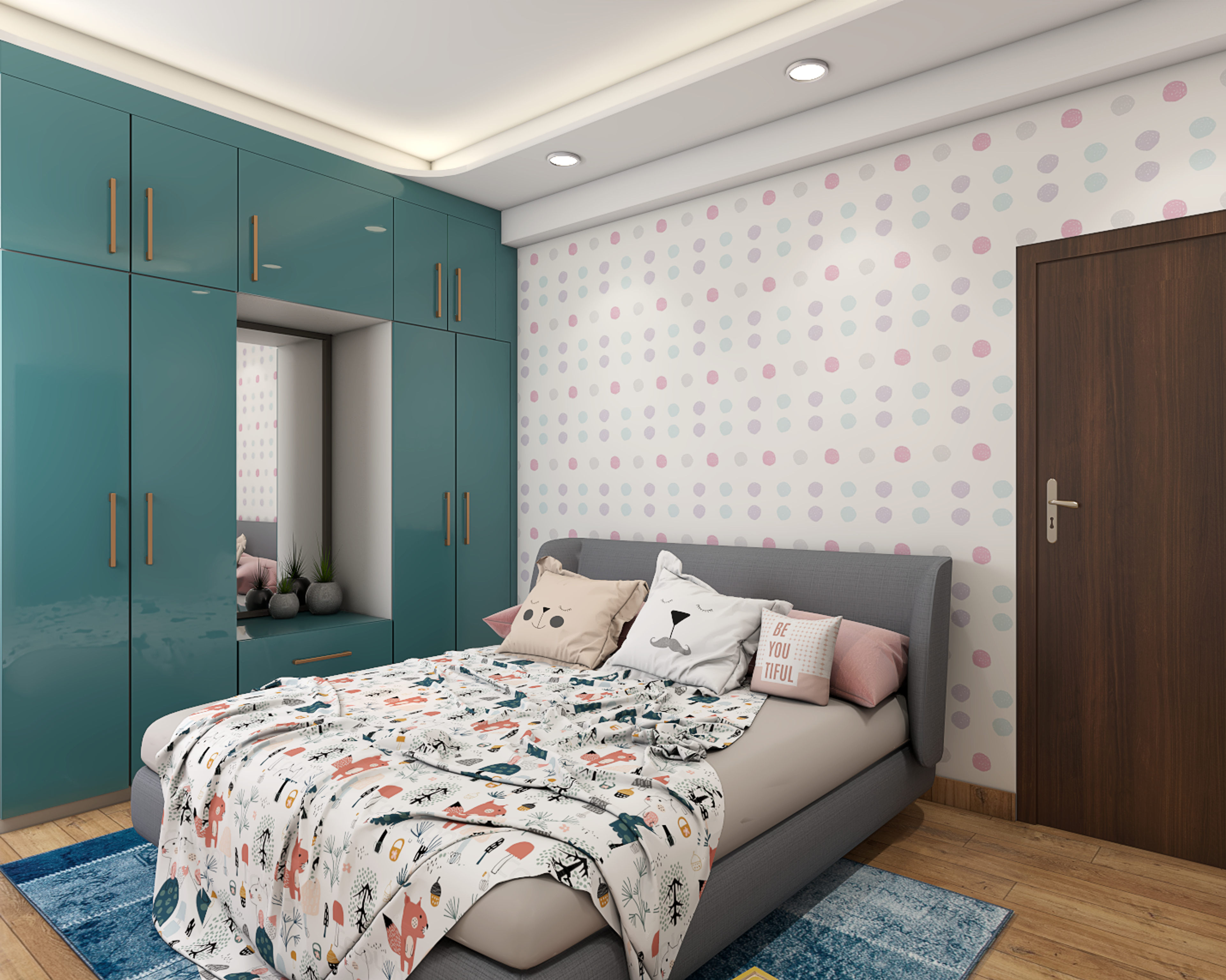 Spacious Kids Bedroom Design With Grey Bed