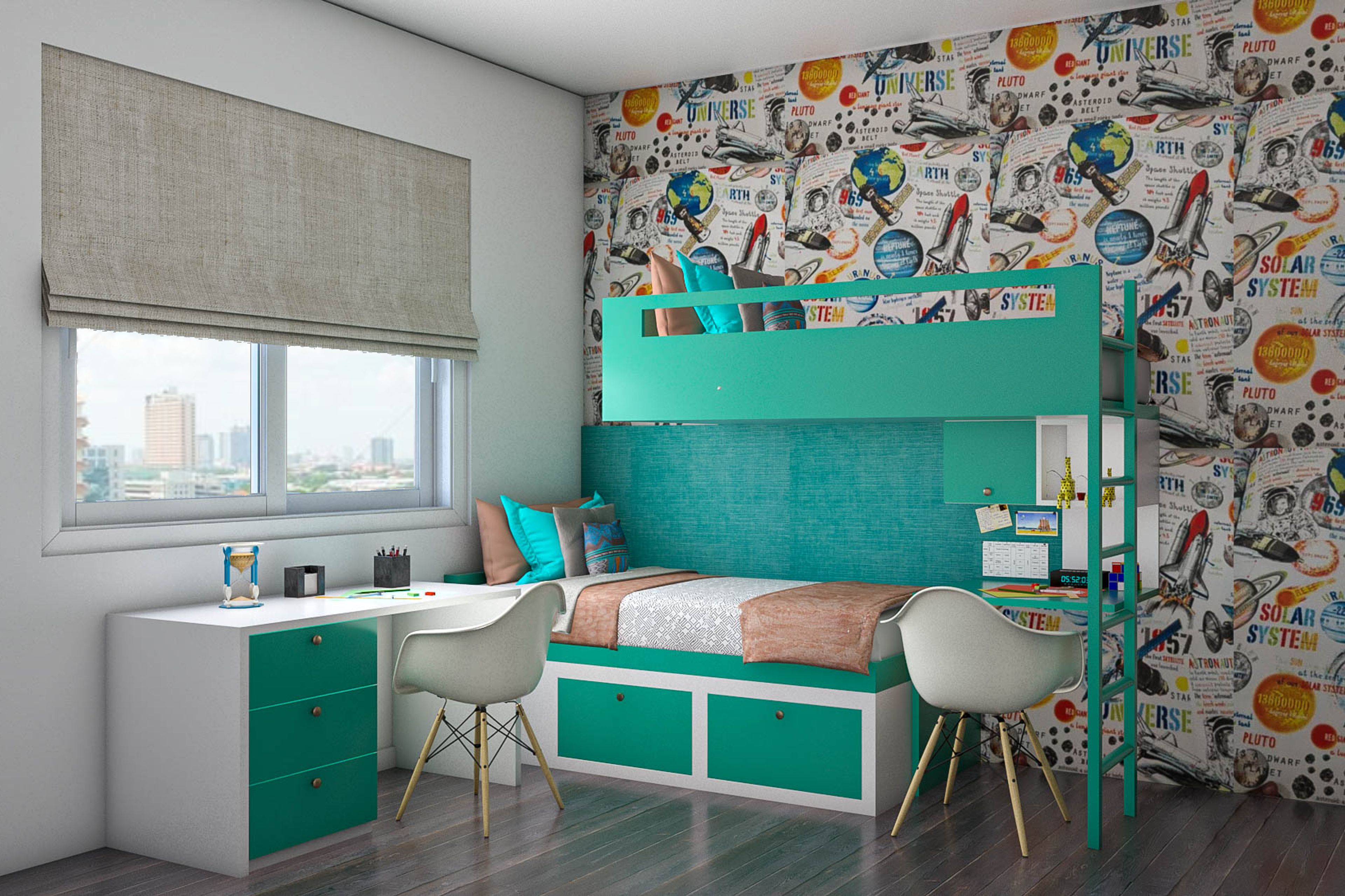 Contemporary Kids Bedroom Design With Turquoise Blue Interiors