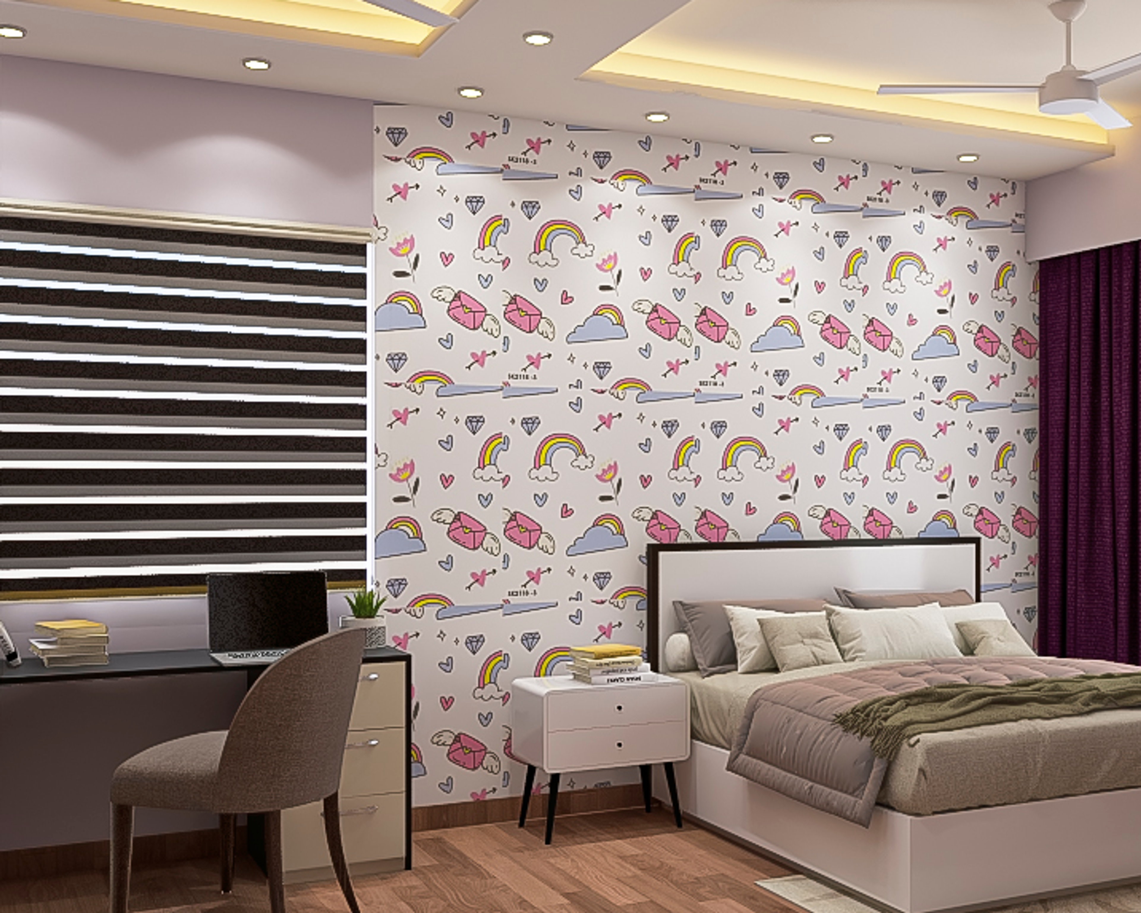 Compact Kids Room Design With Rainbow Wallpaper