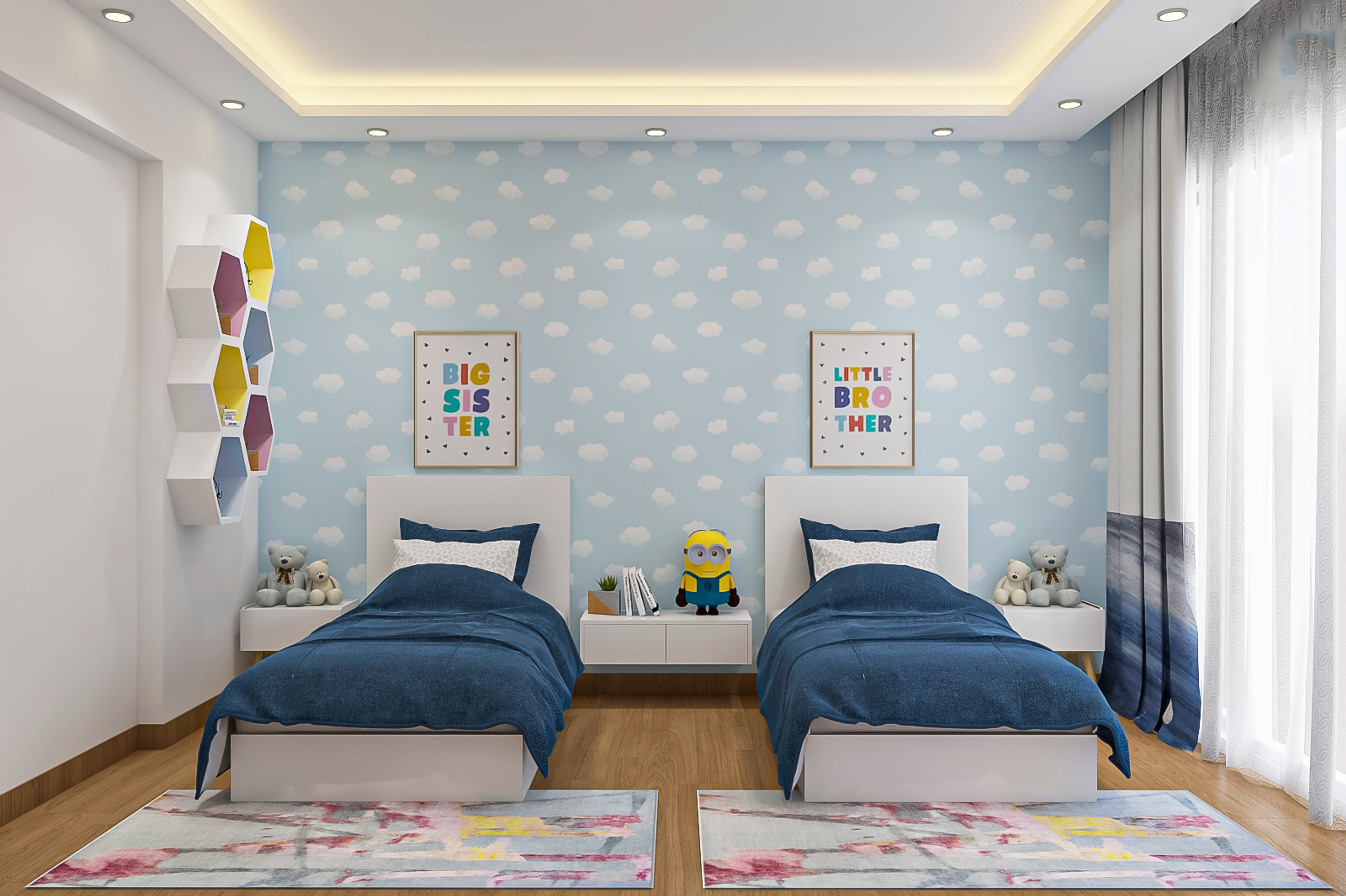 Spacious Double Bed Kid's Bedroom Design With Cloud Wallpaper