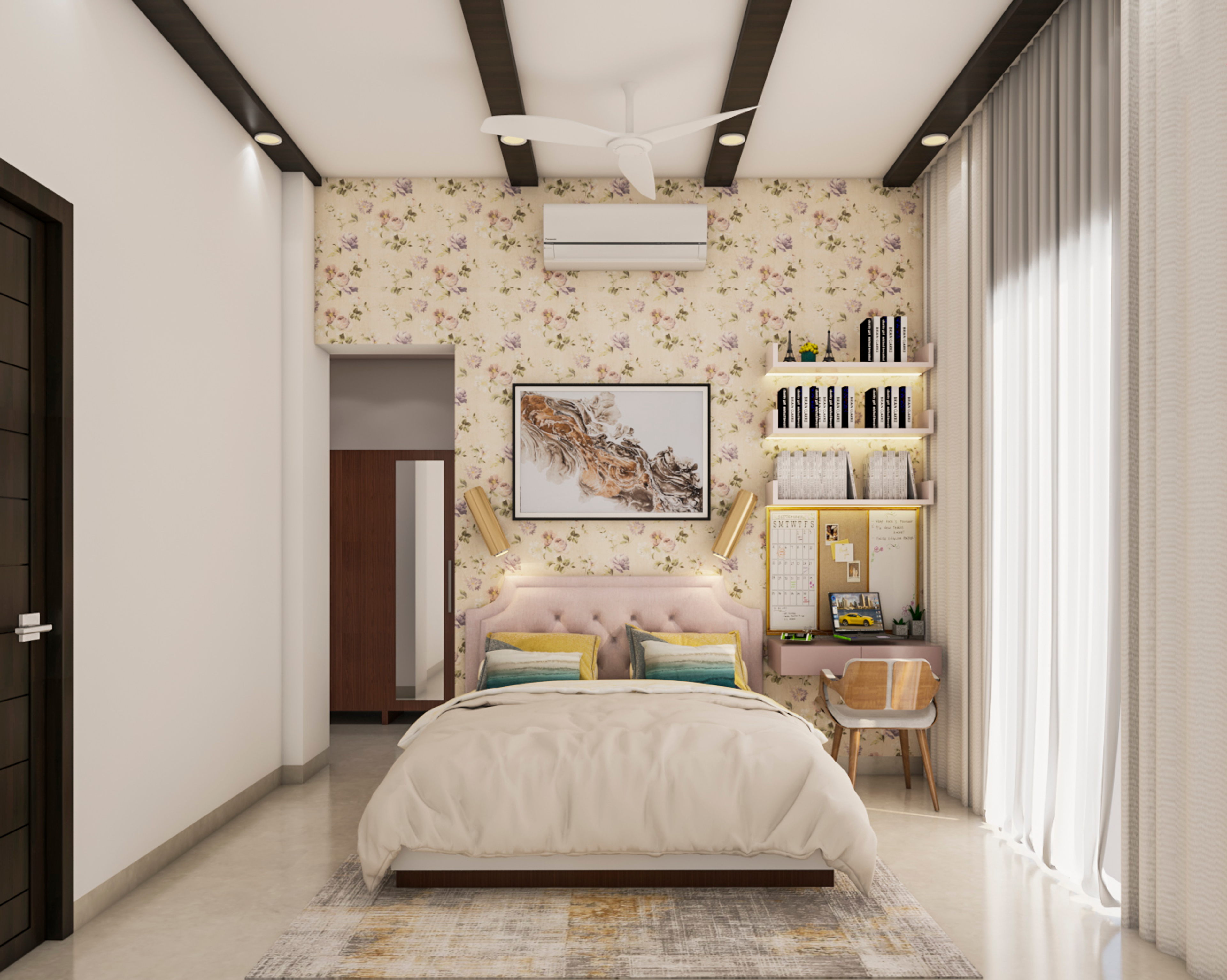 Contemporary Style Spacious Kid's Bedroom Design With Study Table