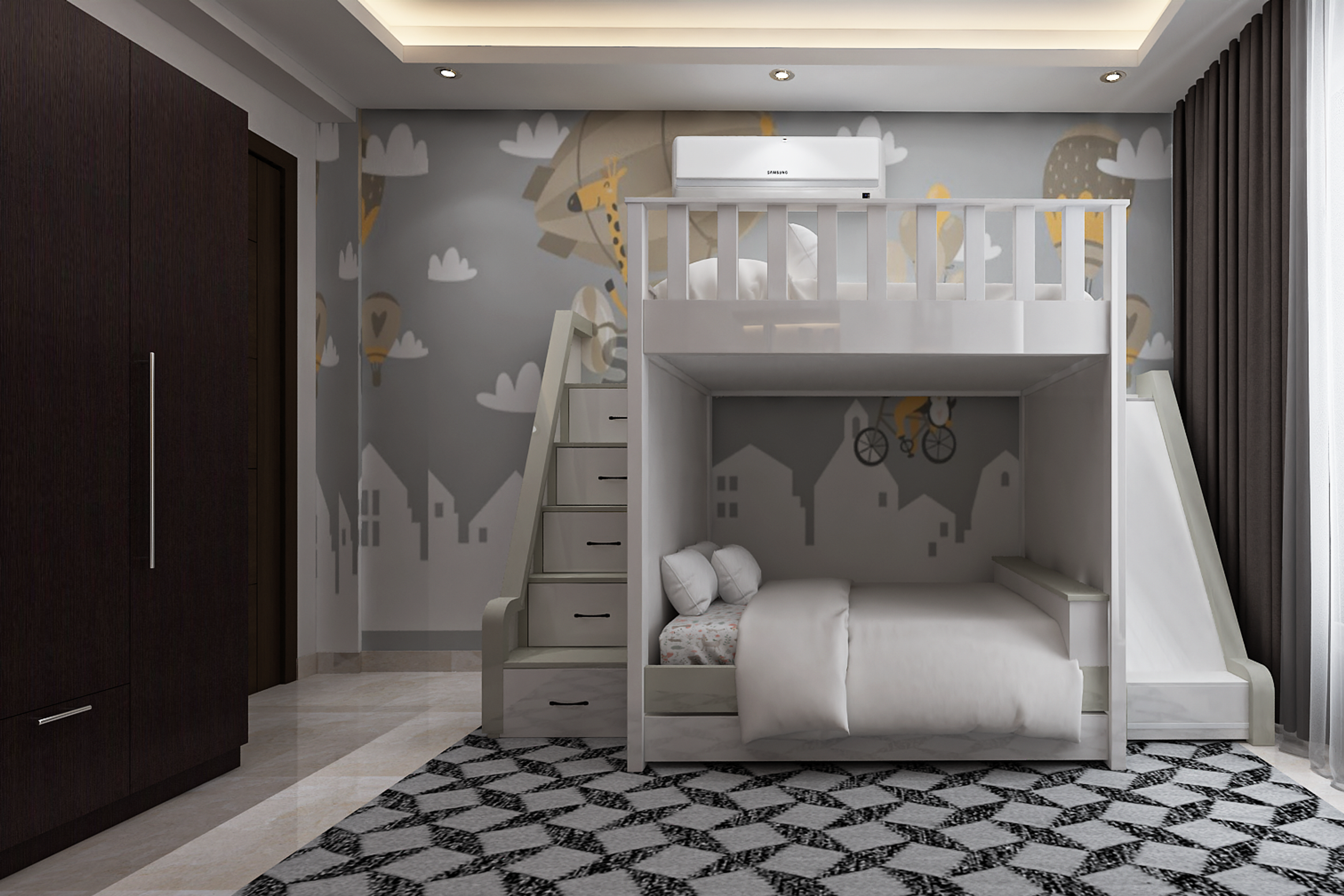 Spacious Grey Kid's Bedroom Design With Bunk Bed