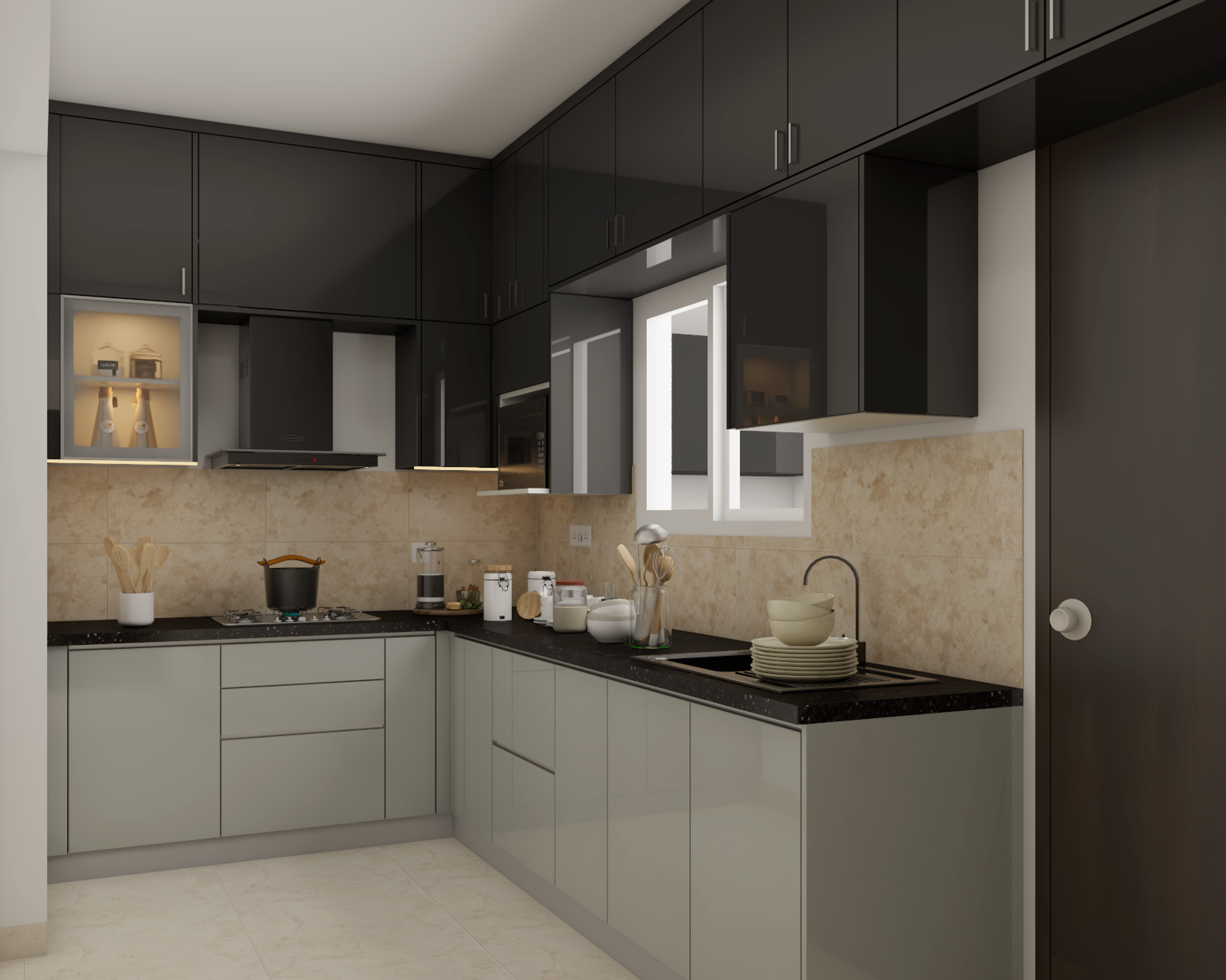 Modern Black And Grey Kitchen Design - Livspace