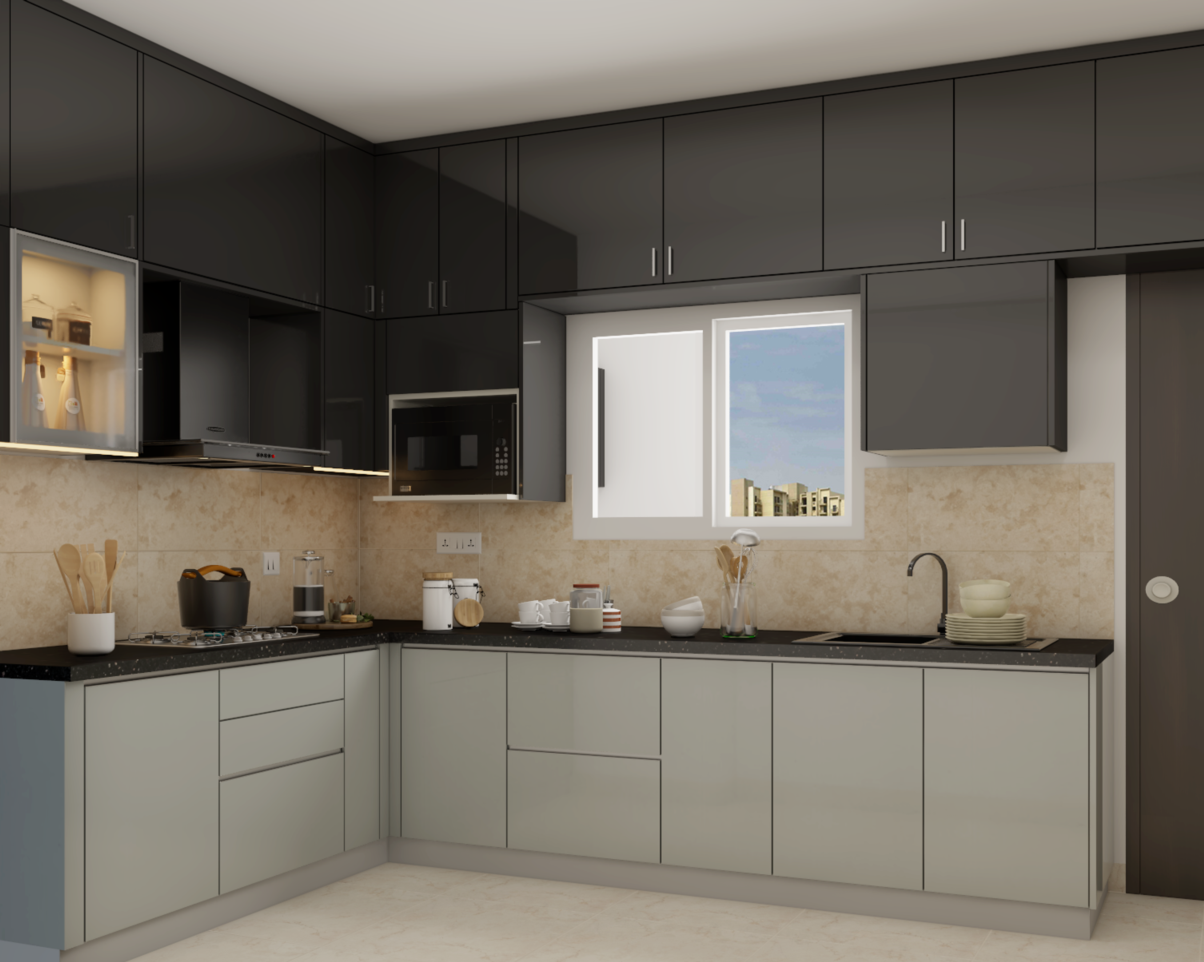 Compact Sized Modern L-Shaped Kitchen Design For Rent