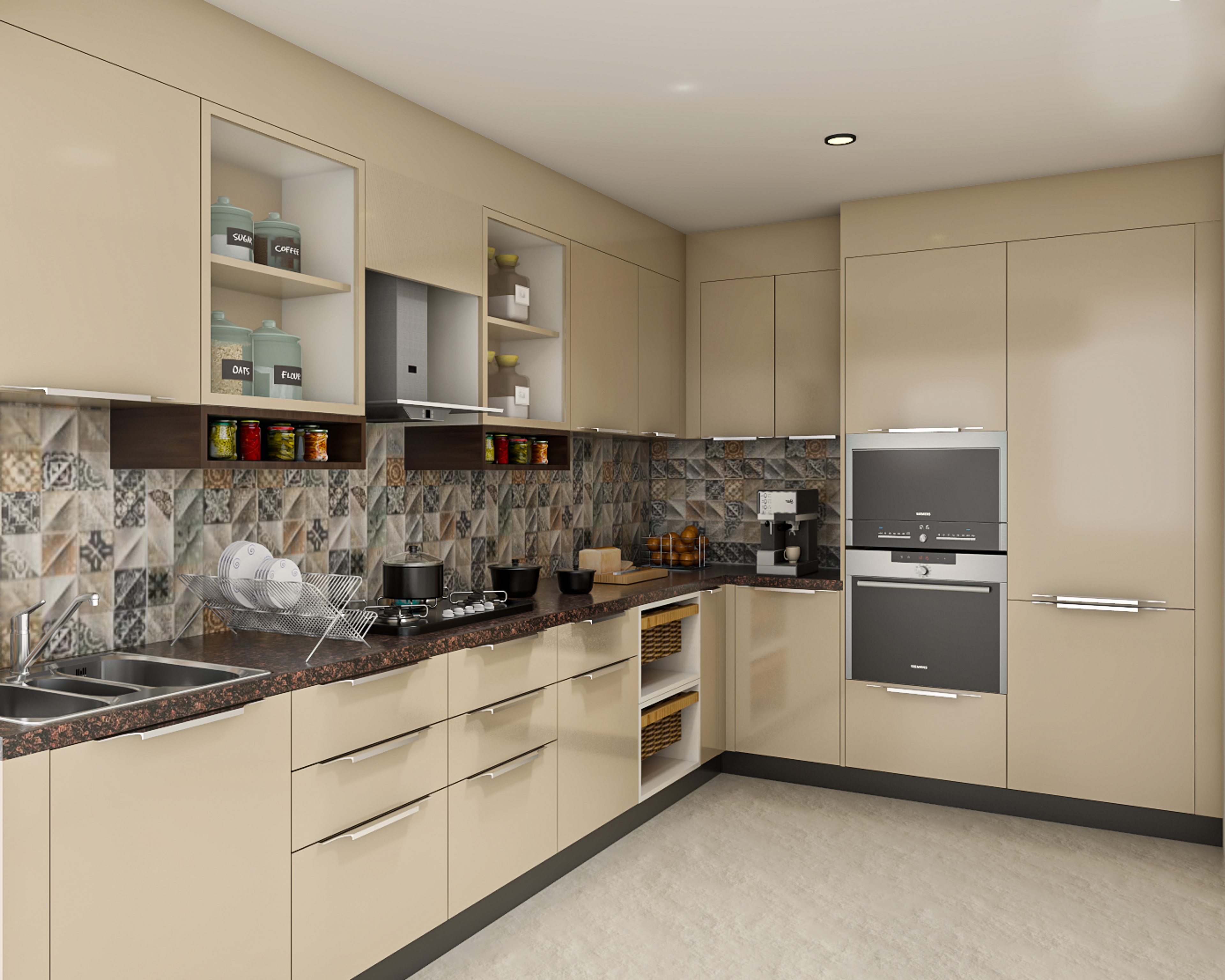 Spacious L-shaped Modular Kitchen Design With Large Storage Cabinets