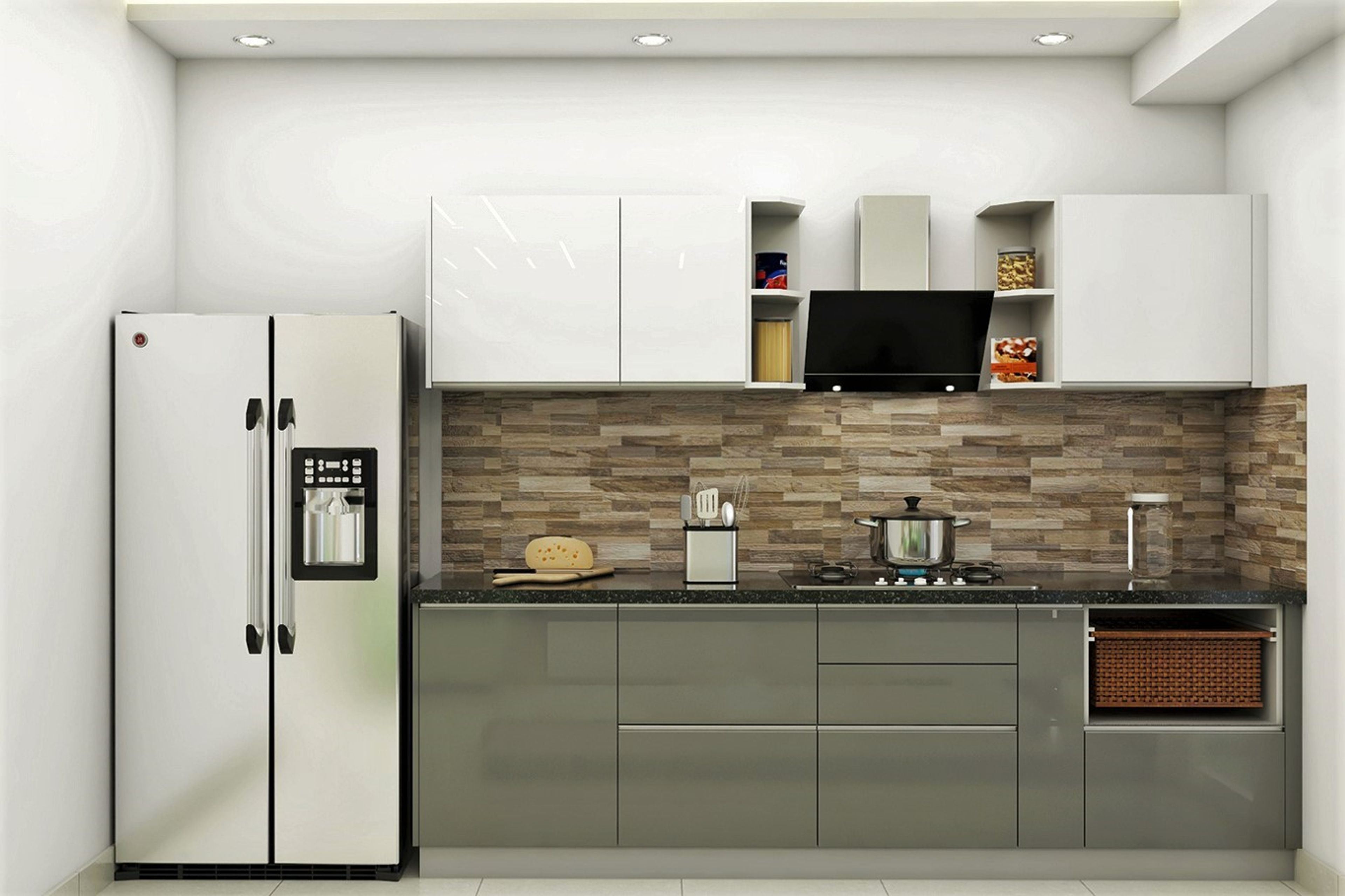 Spacious White-Grey Toned Modular Kitchen Design
