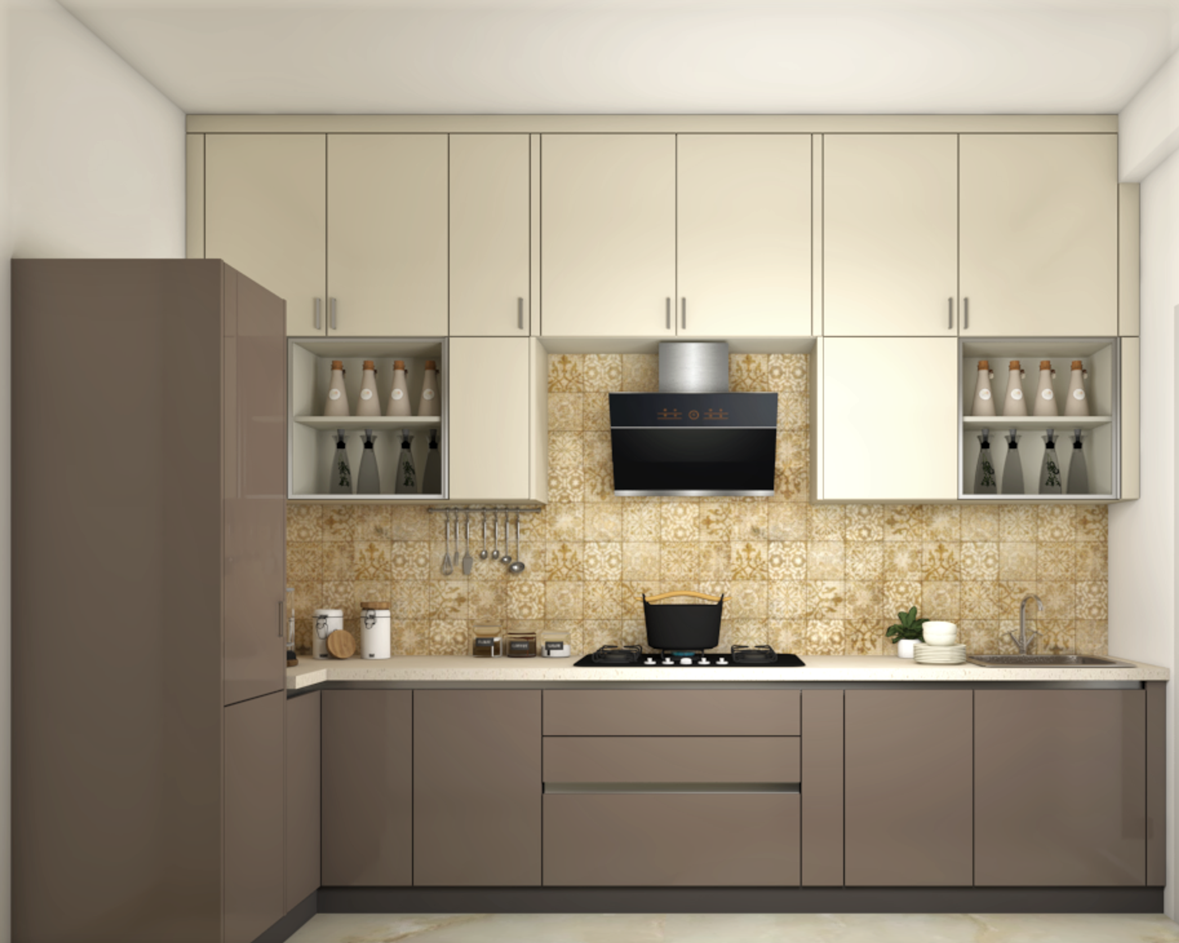 Spacious Modular Kitchen Designed With Dado Tiles