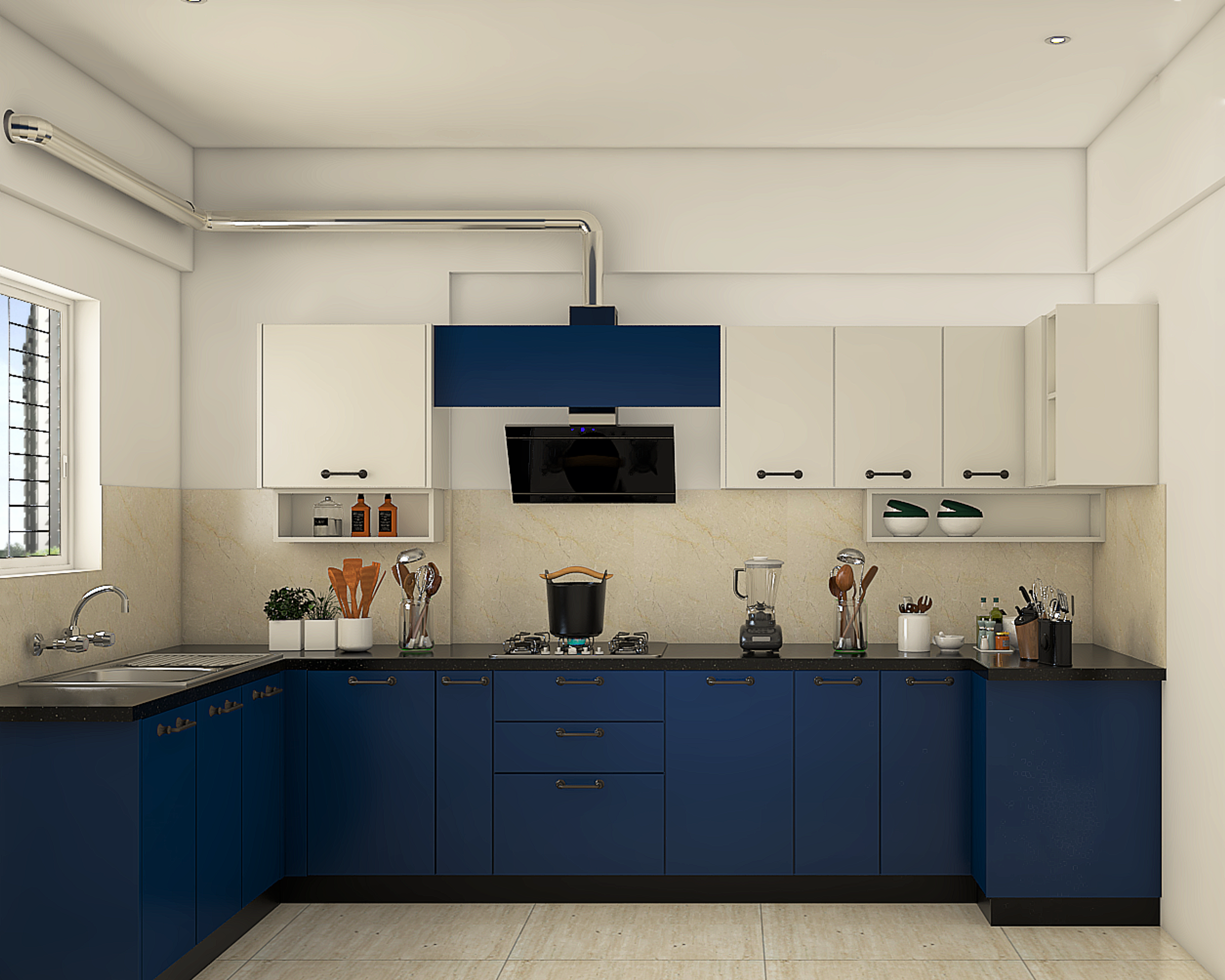 Spacious Blue And White Modular Kitchen Design