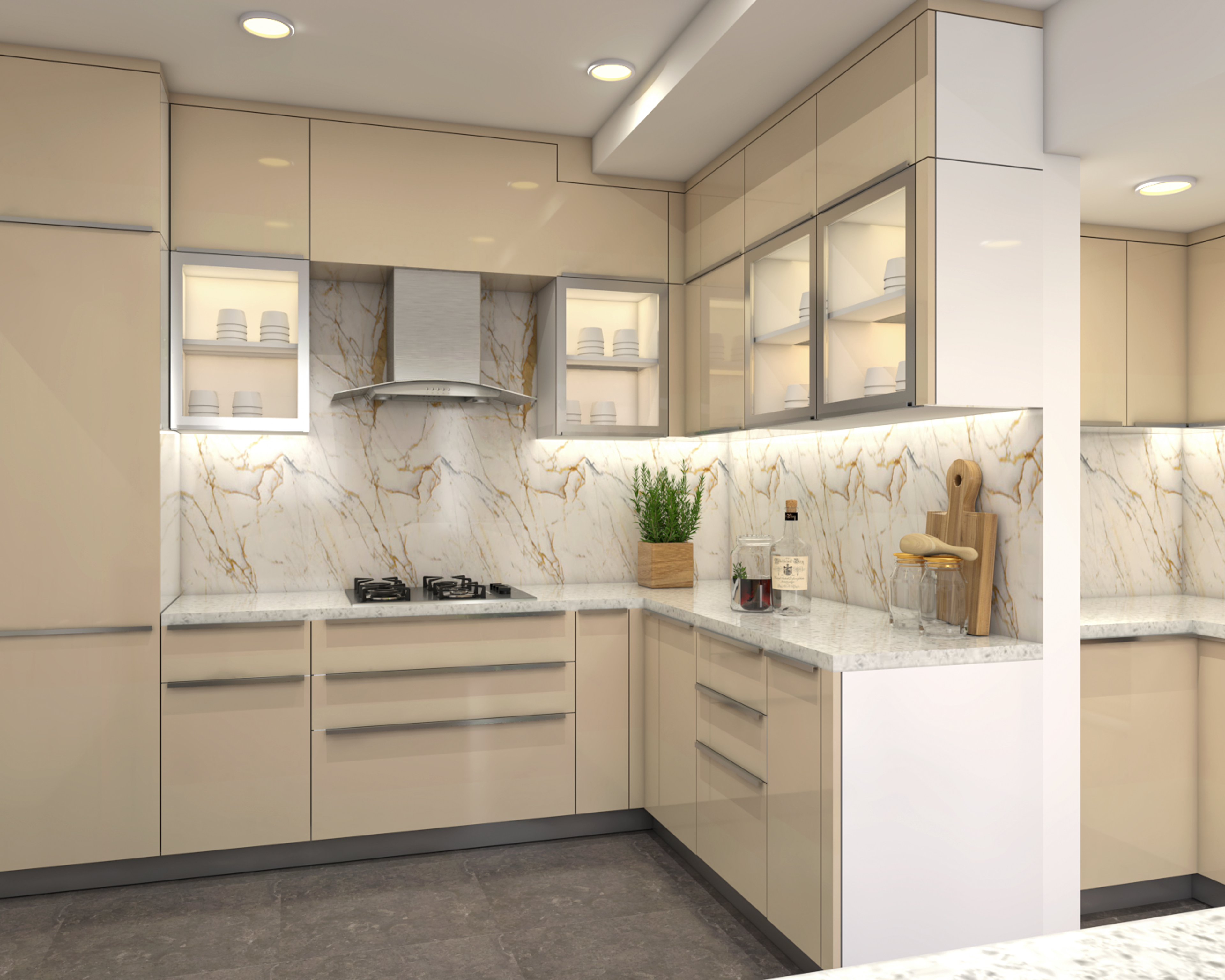 Beige Modular Kitchen - Livspace