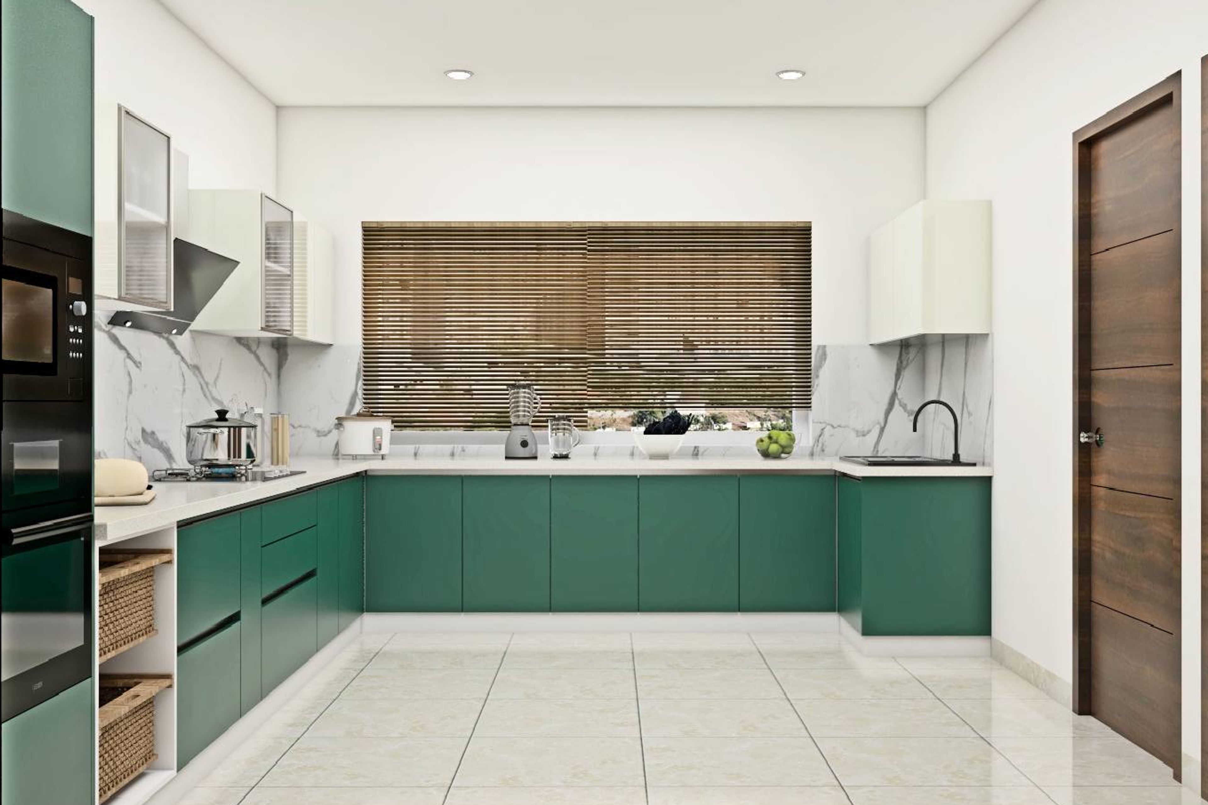 Green and White Kitchen - Livspace