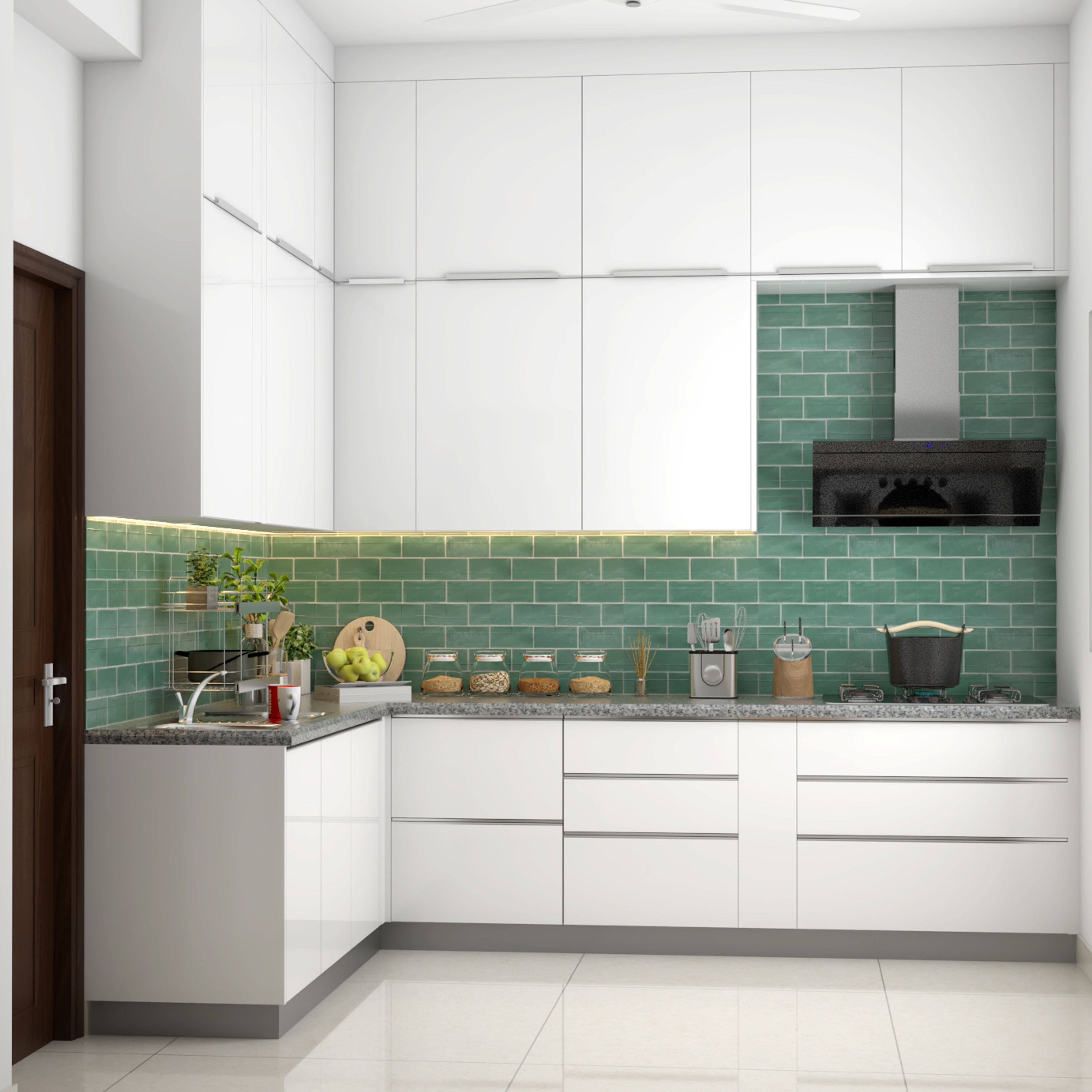 L-Shaped White Modular Kitchen Design With Dado Tiles