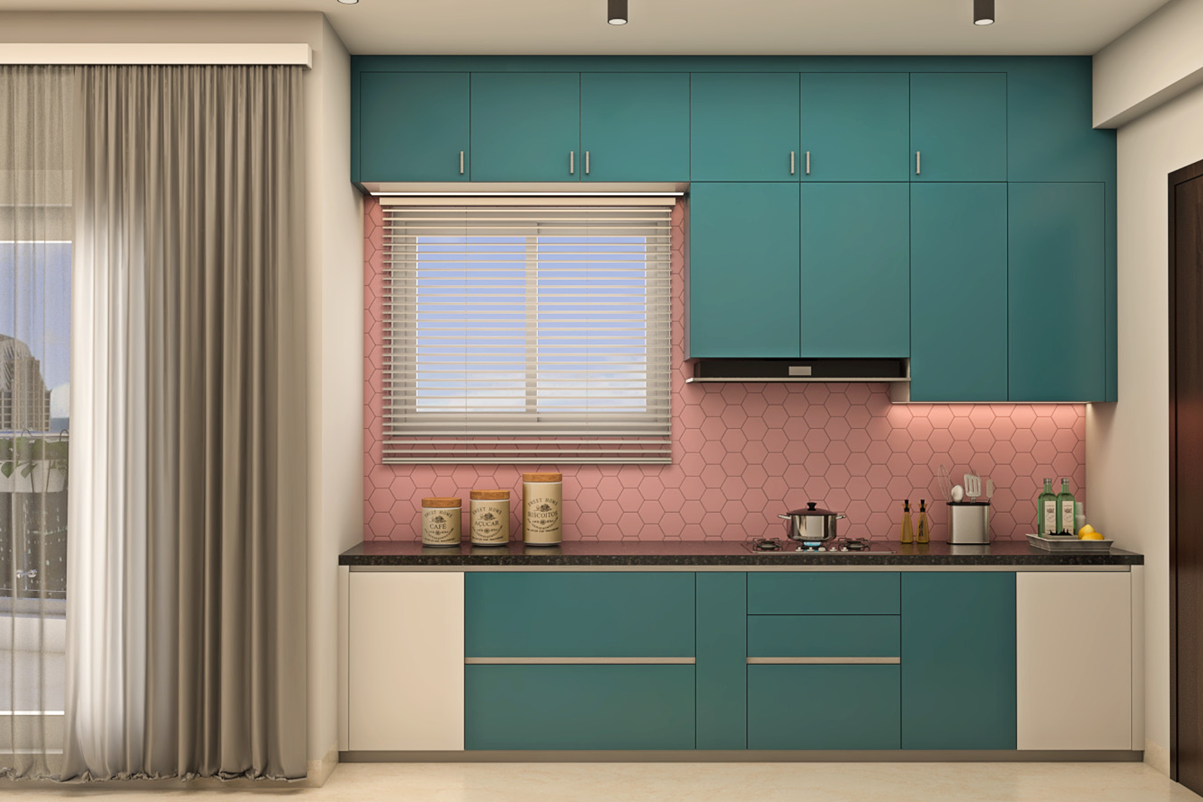 Colourful Modular Kitchen With Spacious Interiors