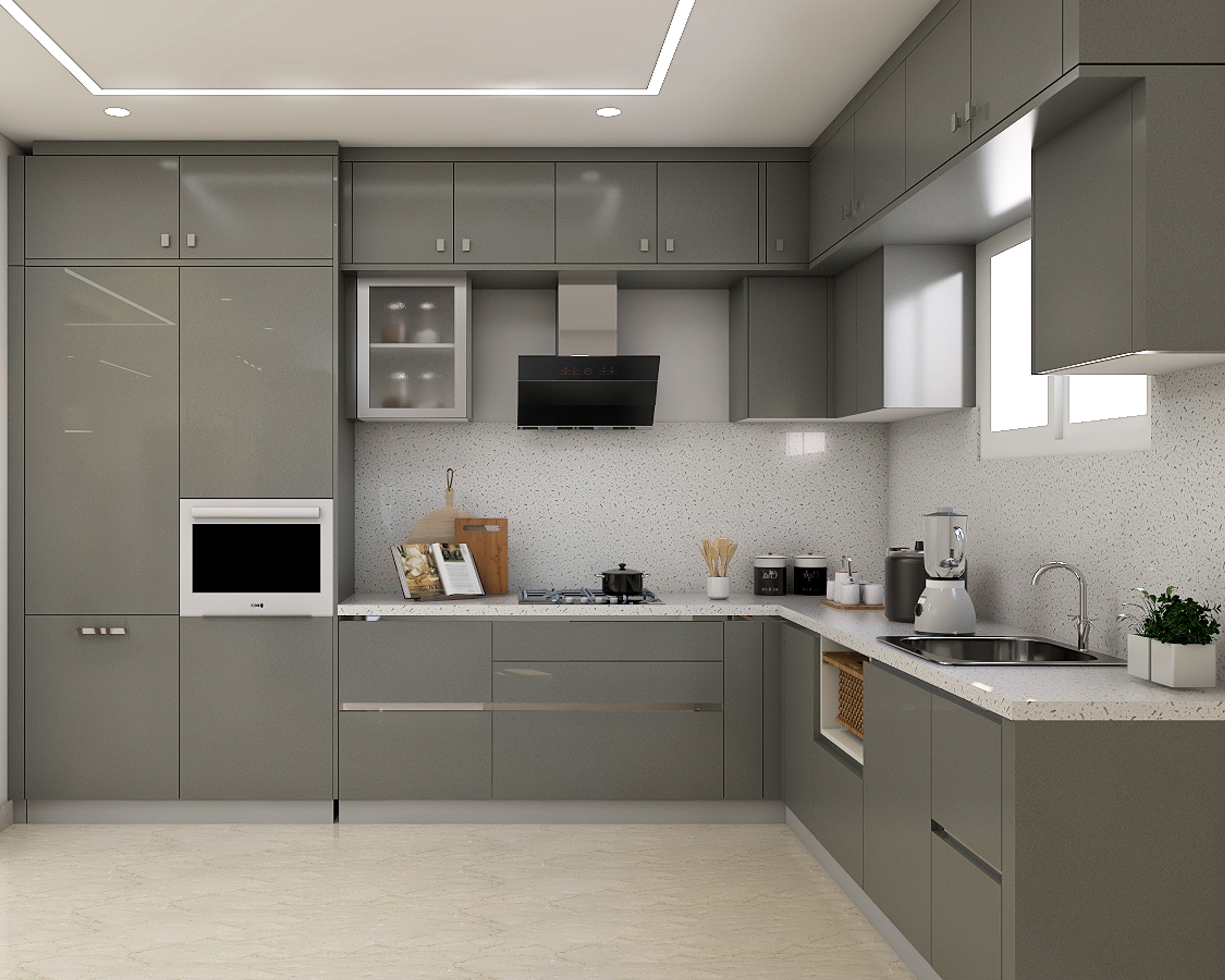 L-Shaped Grey Kitchen Design - Livspace