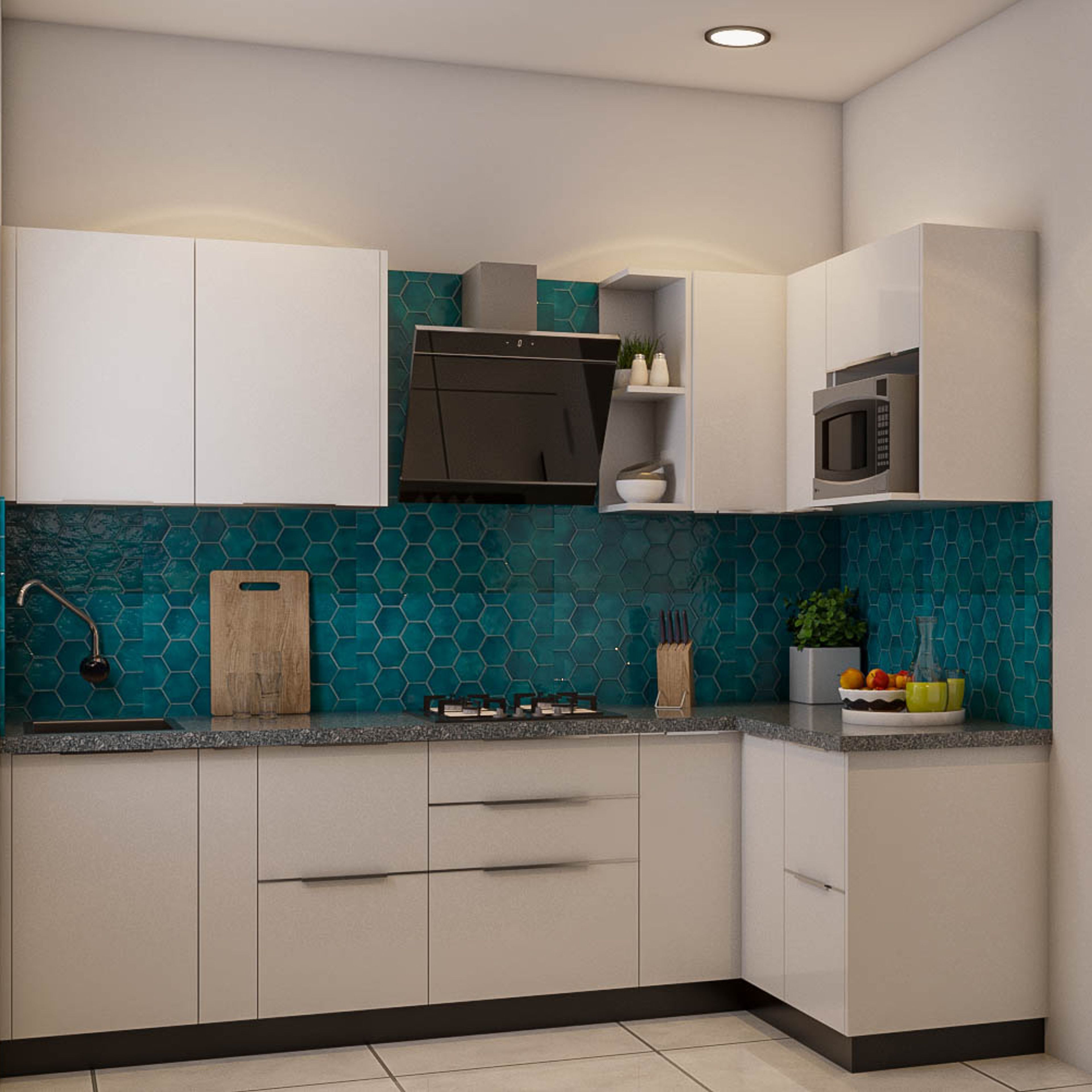 Compact Kitchen With Hexagon Dado Tiles - Livspace