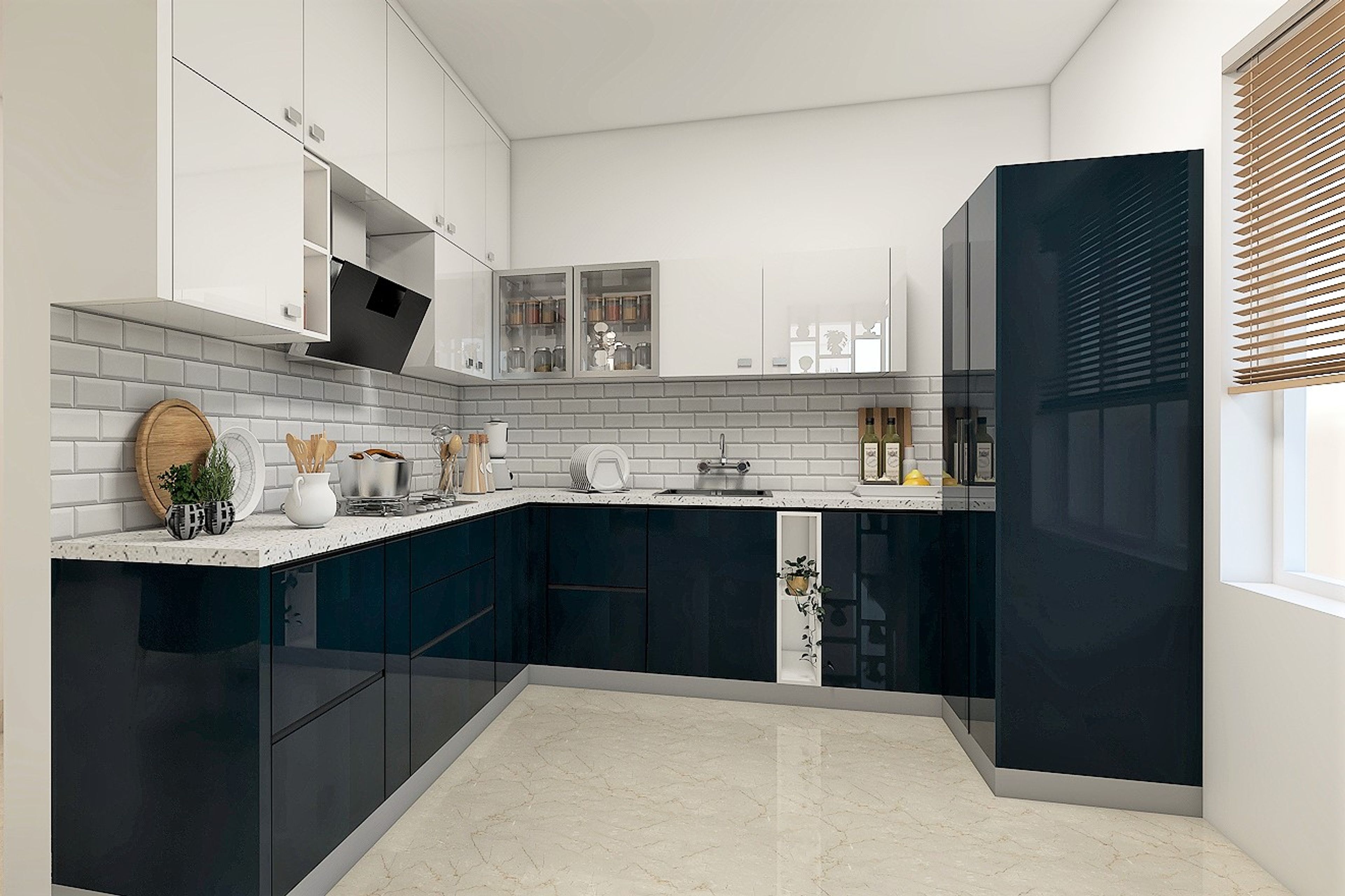 Blue-White Toned Modular Kitchen Design With Spacious Interiors