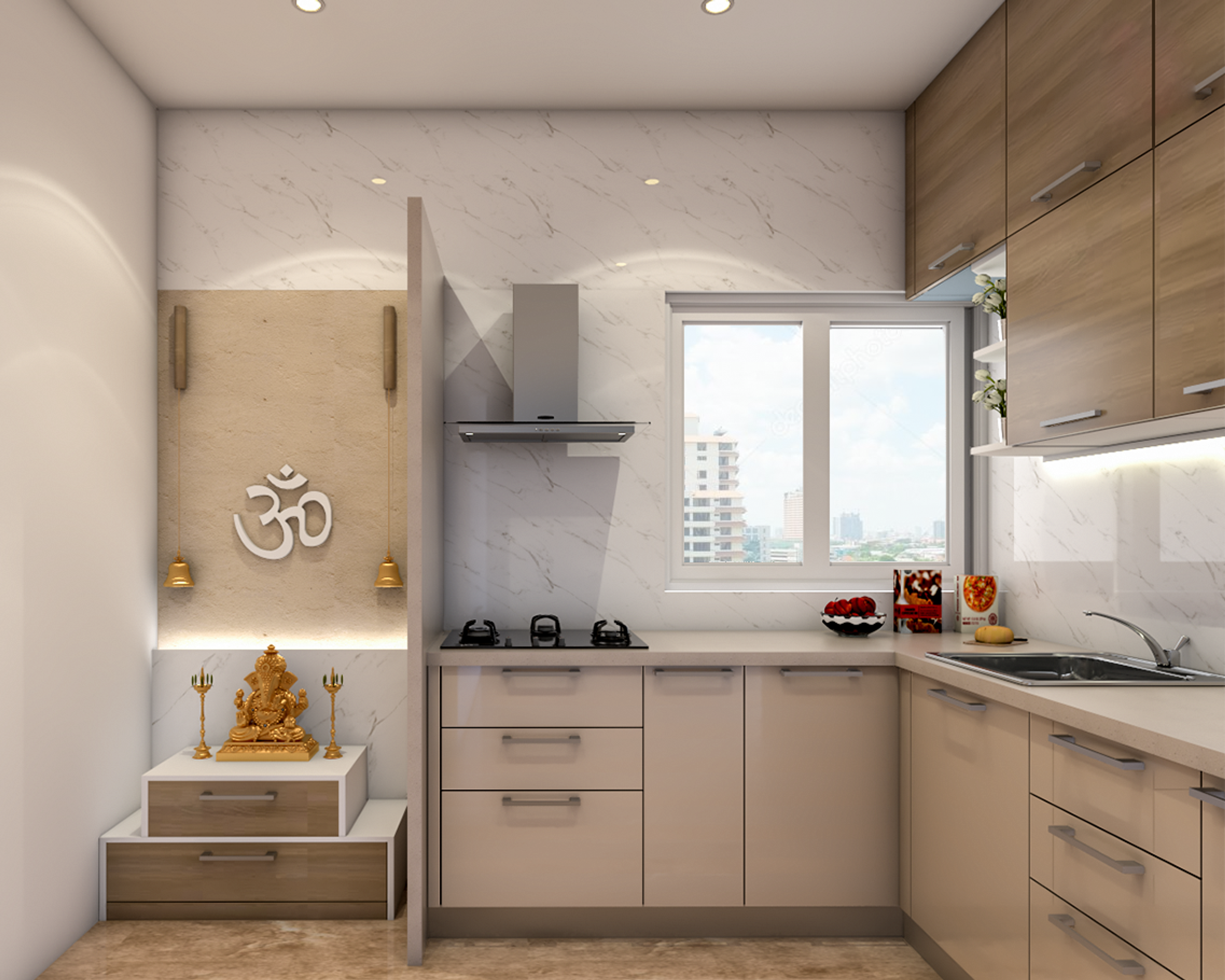 Modern Style Multi-Functional Kitchen Design With Pooja Unit